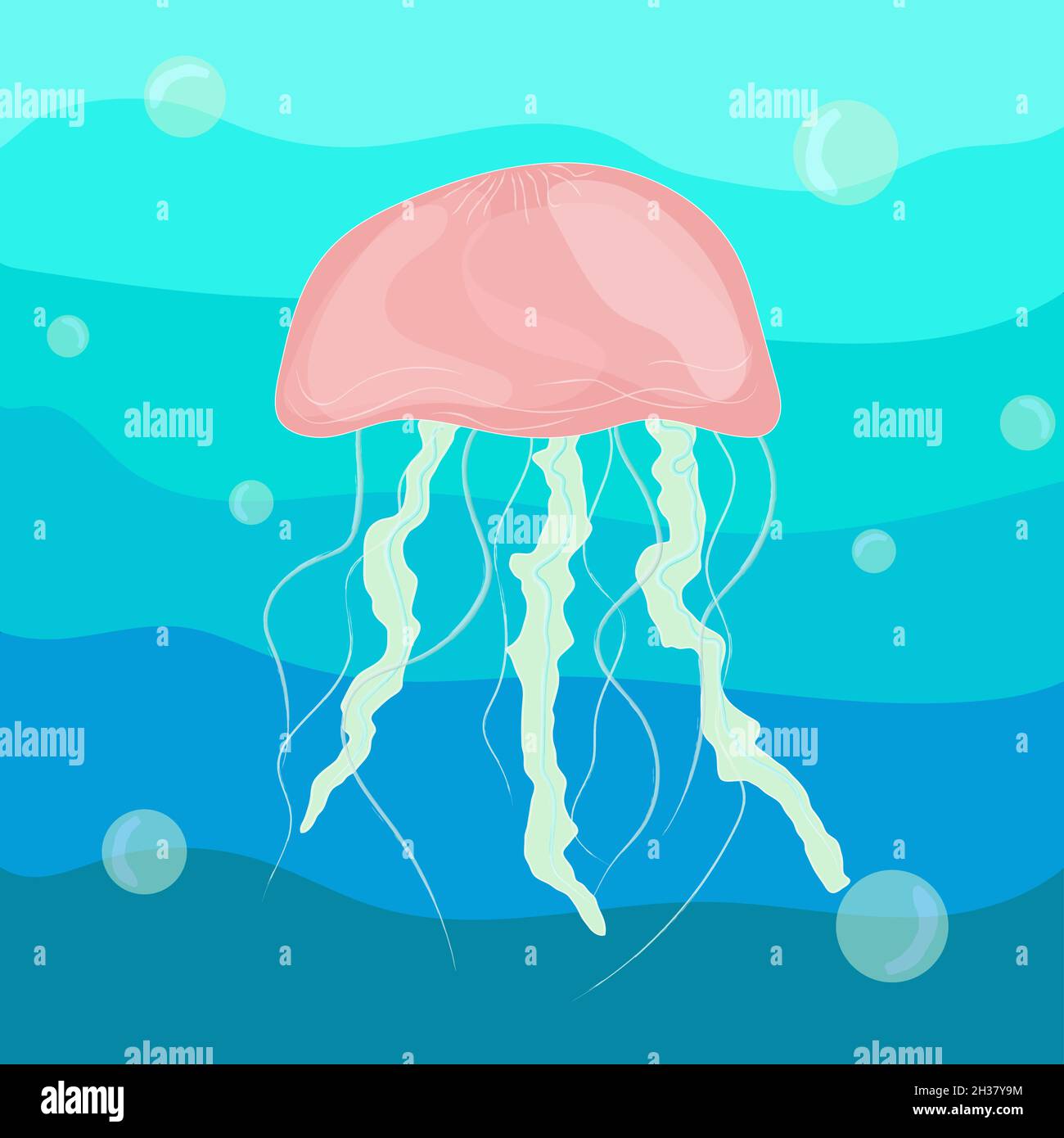 Méduses roses sous l'eau sur fond bleu avec des ampoules Illustration de Vecteur