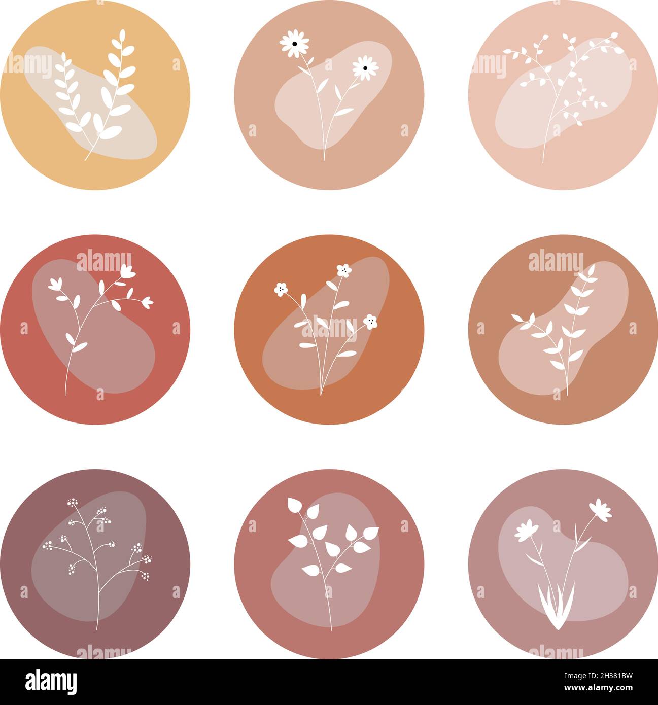 Ensemble d'icônes vectorielles de sites pour les médias sociaux ou le Web.Ensemble de plantes et fleurs brunes avec un cercle.Les médias sociaux mettent en évidence les icônes de la nature Illustration de Vecteur