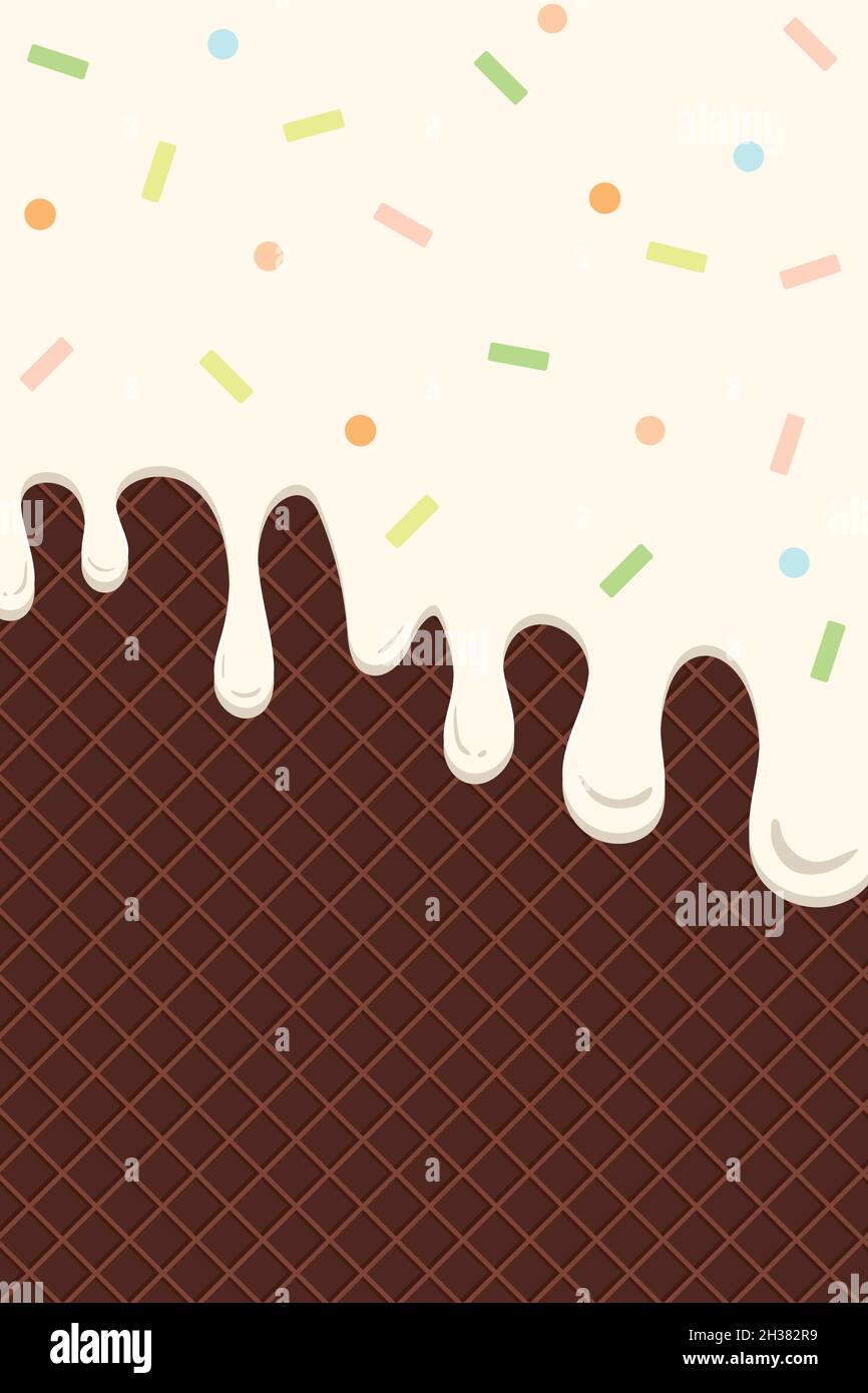 Gros plan d'une glace à la vanille fondue sur un cône de chocolat avec des asperges de différentes couleurs comme le vert, le rose, le beige, le bleu et le jaune Illustration de Vecteur