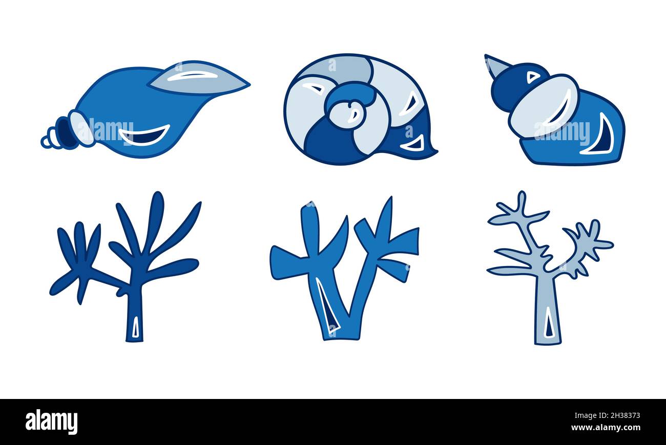 Illustration vectorielle des coquillages bleus et des algues.Icônes définies. Illustration de Vecteur