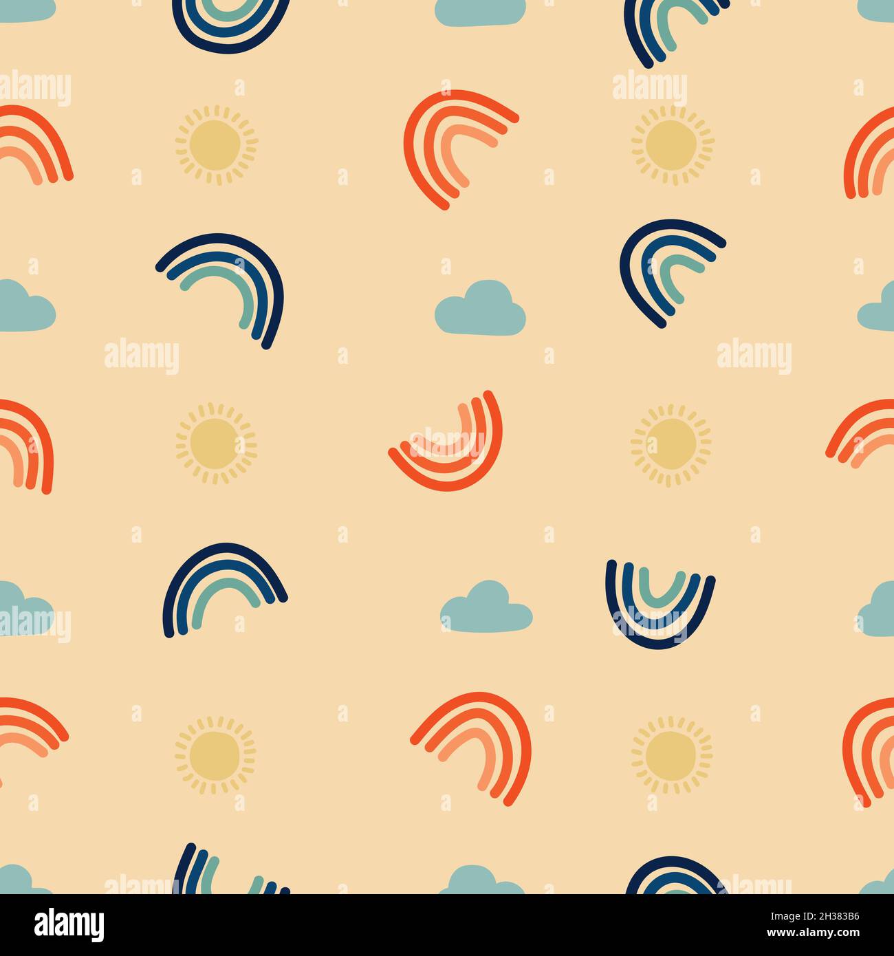 Motif arc-en-ciel bleu et orange sans couture avec nuages bleus et soleil jaune sur fond beige, avec un style minimaliste et tendance Illustration de Vecteur