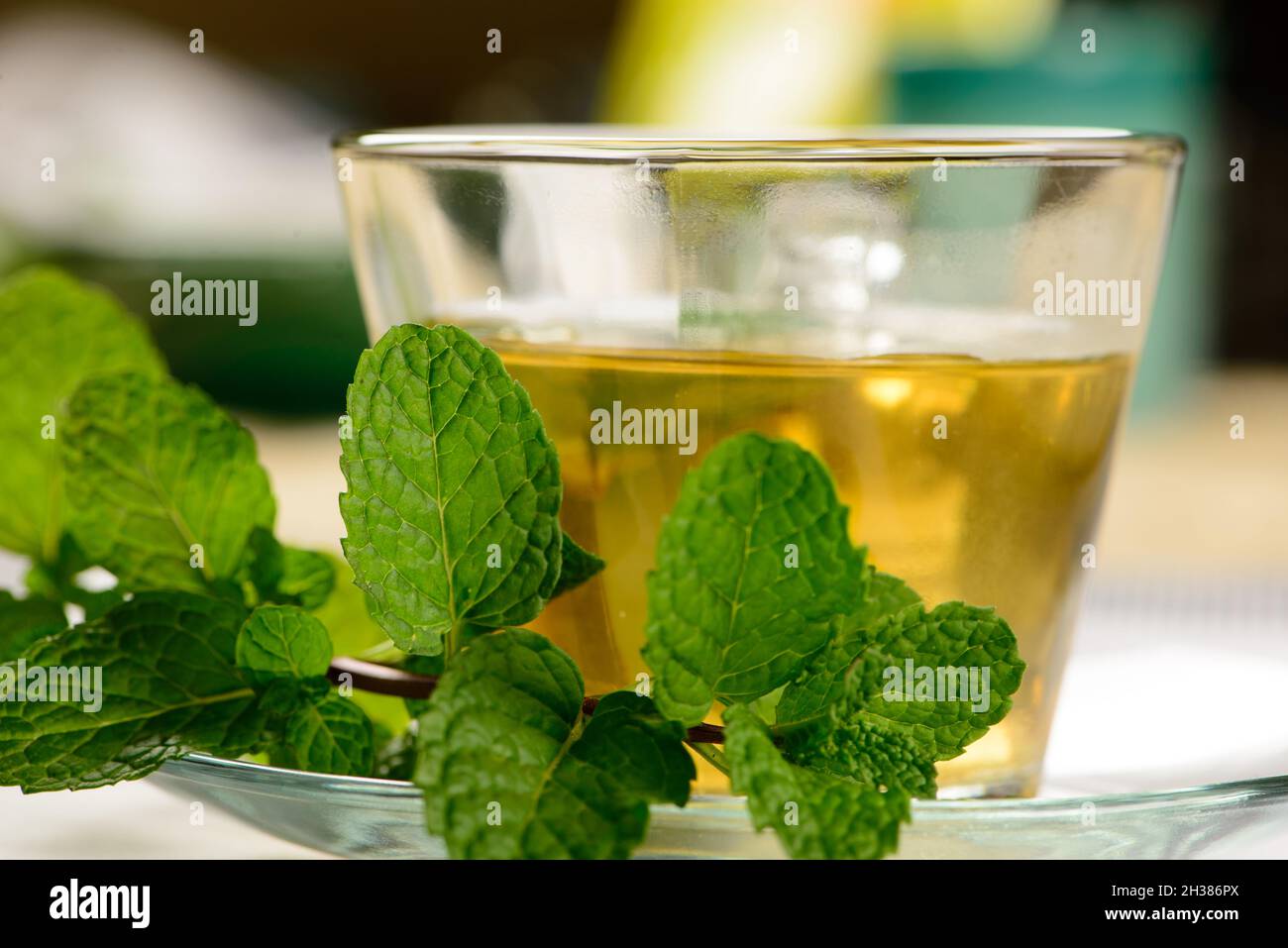 thé à la menthe dans une tasse transparente avec branche de menthe à côté Banque D'Images