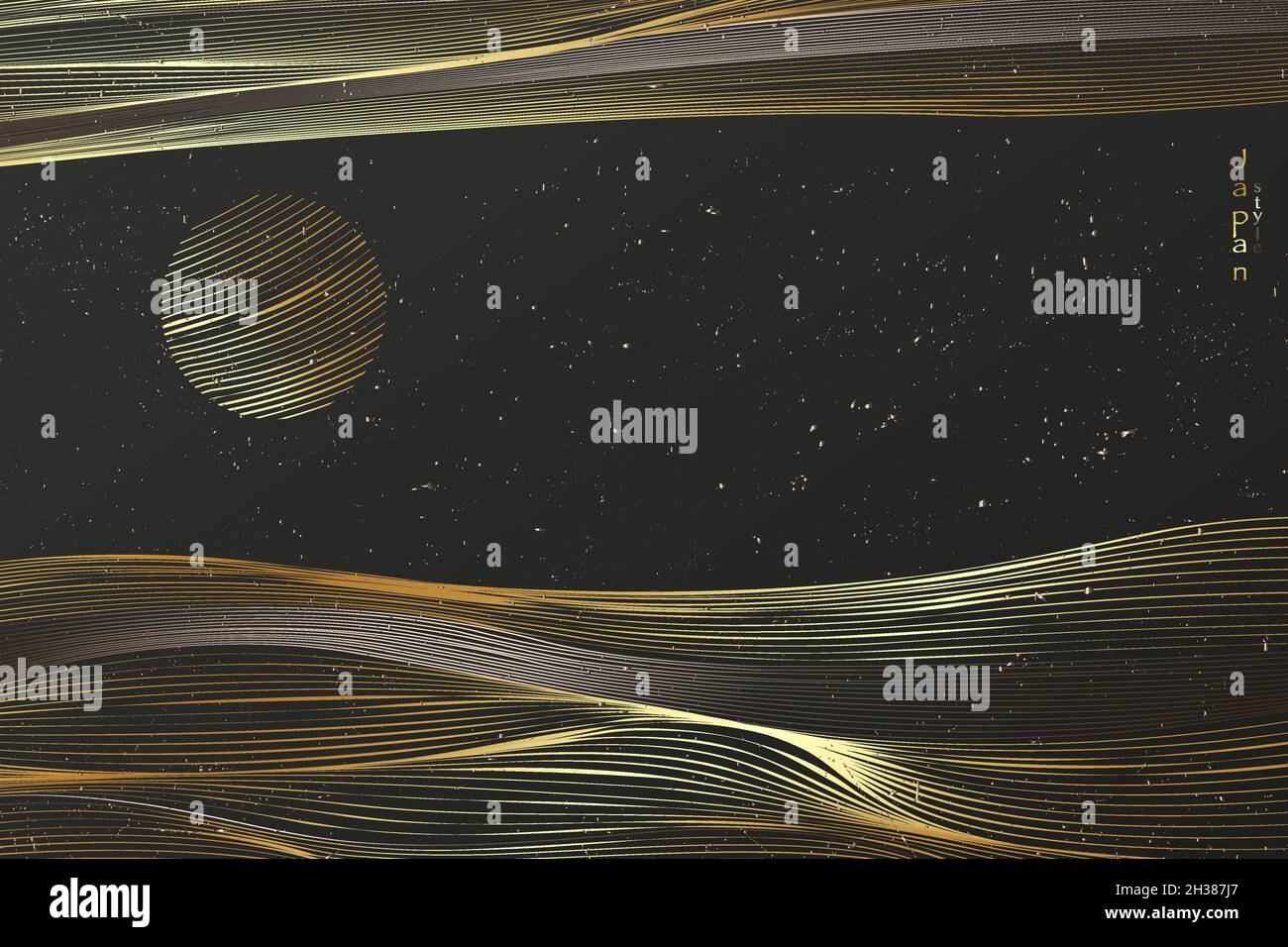 Fond de paysage japonais carte noire sur l'illustration de vecteur de motif d'onde de ligne dorée.Golden Luxury modèle abstrait modèle géométrique motif.Montagne Illustration de Vecteur