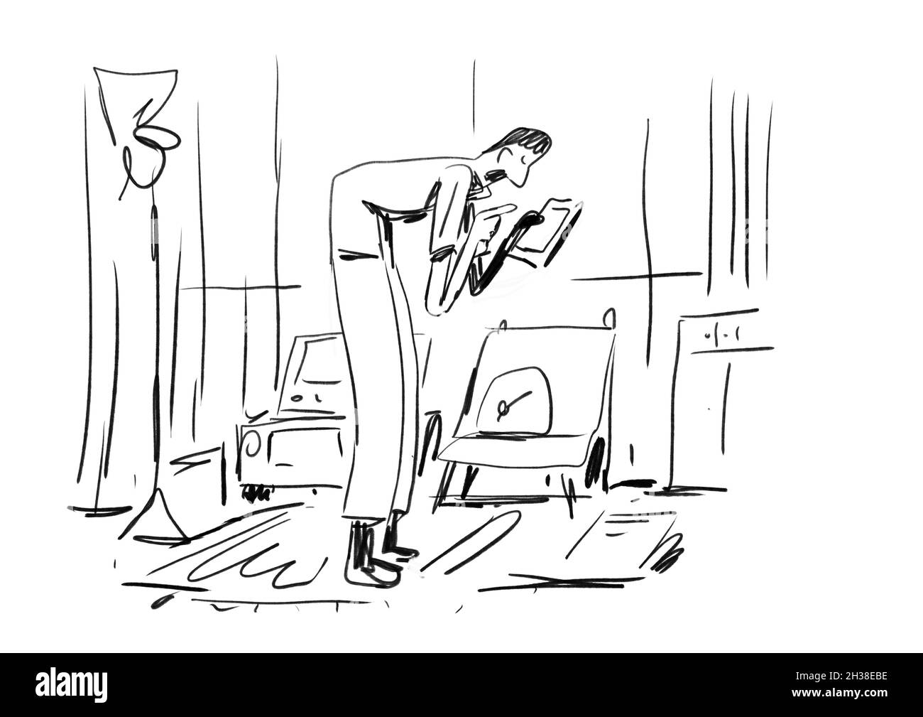 Drôle calme Old Man tapant sur son téléphone à la maison, Lifestyle moment Art. Illustration des personnes âgées et de la technologie.Esquisse Créer avec encre ligne noire et Banque D'Images