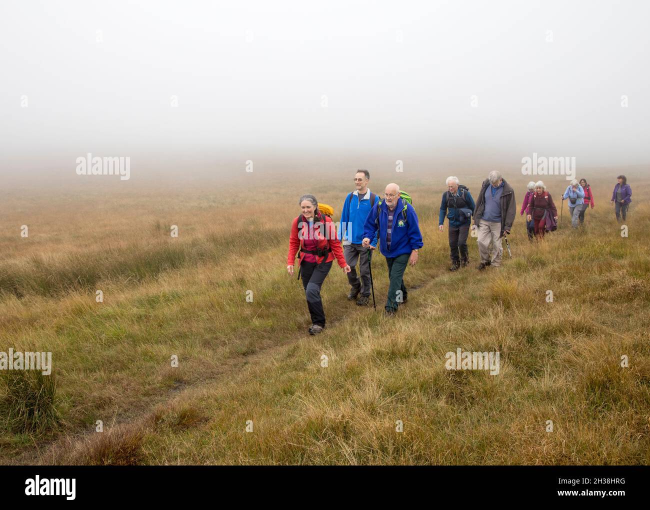 Groupe marchant à travers la lande dans les nuages bas et la pluie, Gorbeck byway, Langcliffe, Yorkshire Dales, Royaume-Uni Banque D'Images