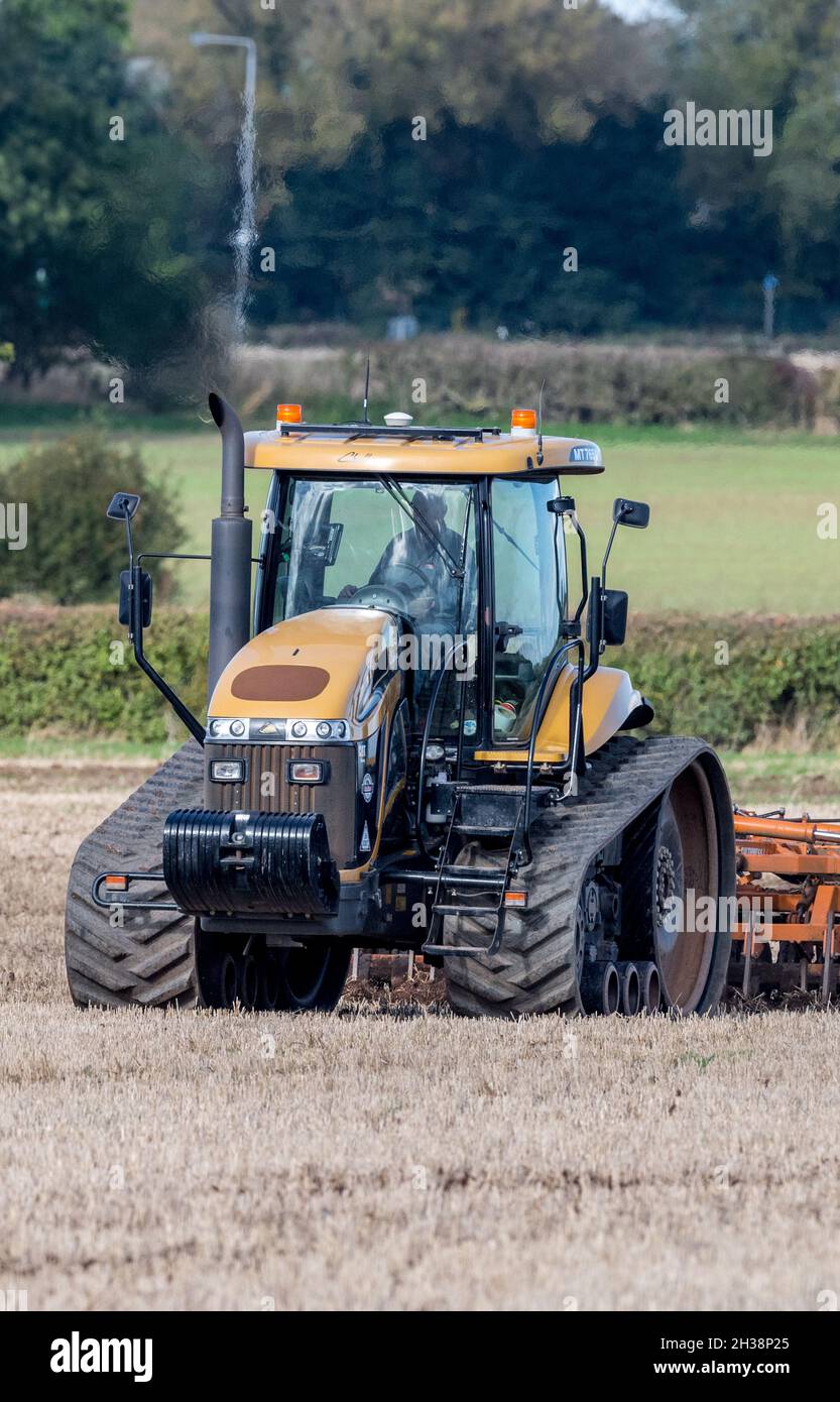 Agriculteur utilisant un tracteur à chenilles agricole Challenger et tirant un cultivateur de 5,5m sur un champ. Banque D'Images