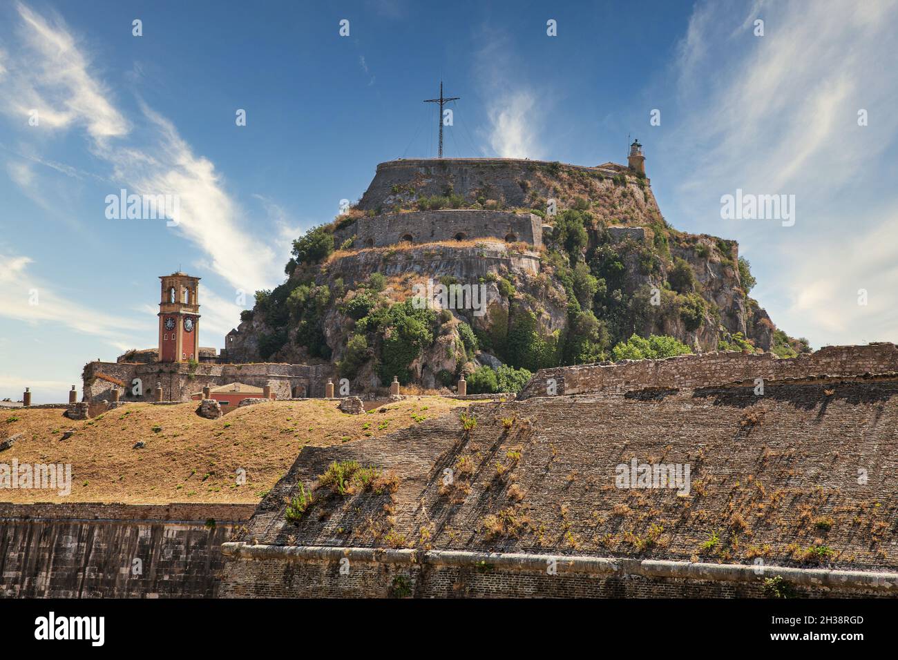 Célèbre site touristique ancienne forteresse vénitienne avec tour d'horloge.Kerkyra, Corfou, Grèce Banque D'Images