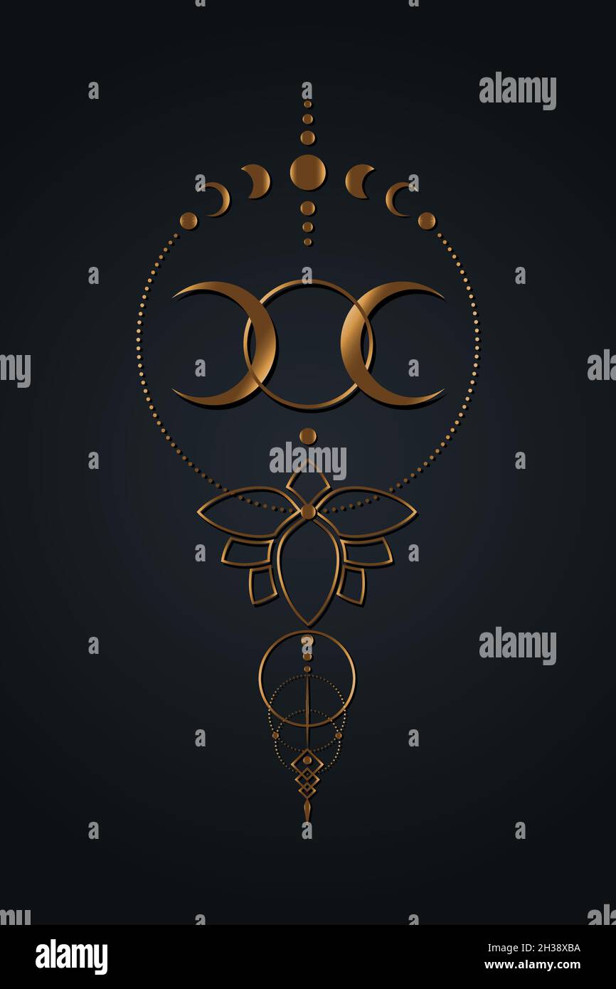 Triple Lune d'or, géométrie sacrée, symbole de la déesse païenne de la demi-lune.Phases de lune vieux signe de bannière wicca doré, cercle d'énergie de fleur de Lotus, boho s. Illustration de Vecteur