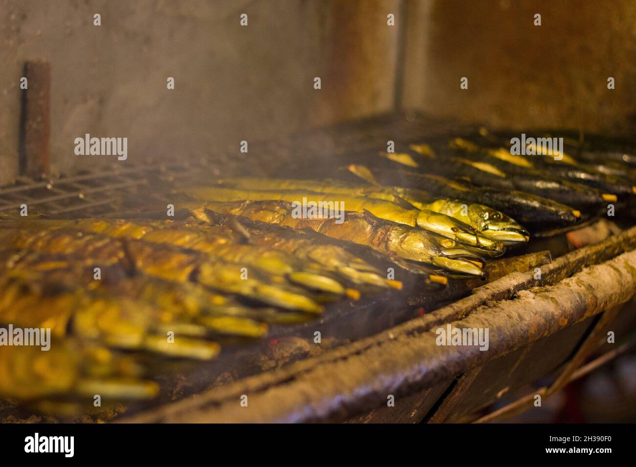 Ligne de poisson sur des bâtonnets de bambou sur le grill au marché de nuit sur l'île de Koh Phangan, Thaïlande Banque D'Images