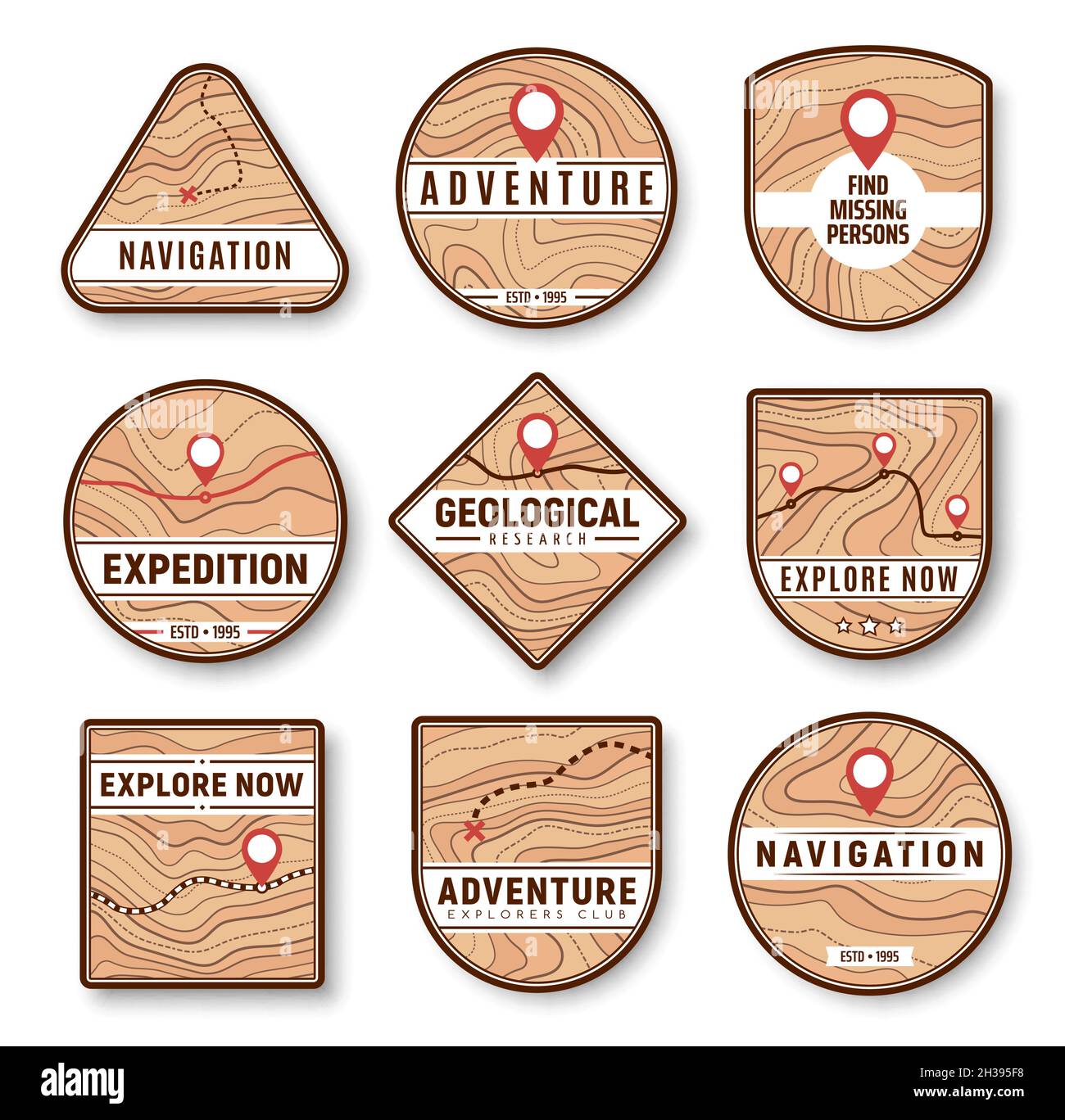 Icônes topographiques, de navigation et d'expédition.Nouvelle région, découverte de sites éloignés, voyage aventure et badge de vecteur de recherche géologique, icône avec à Illustration de Vecteur