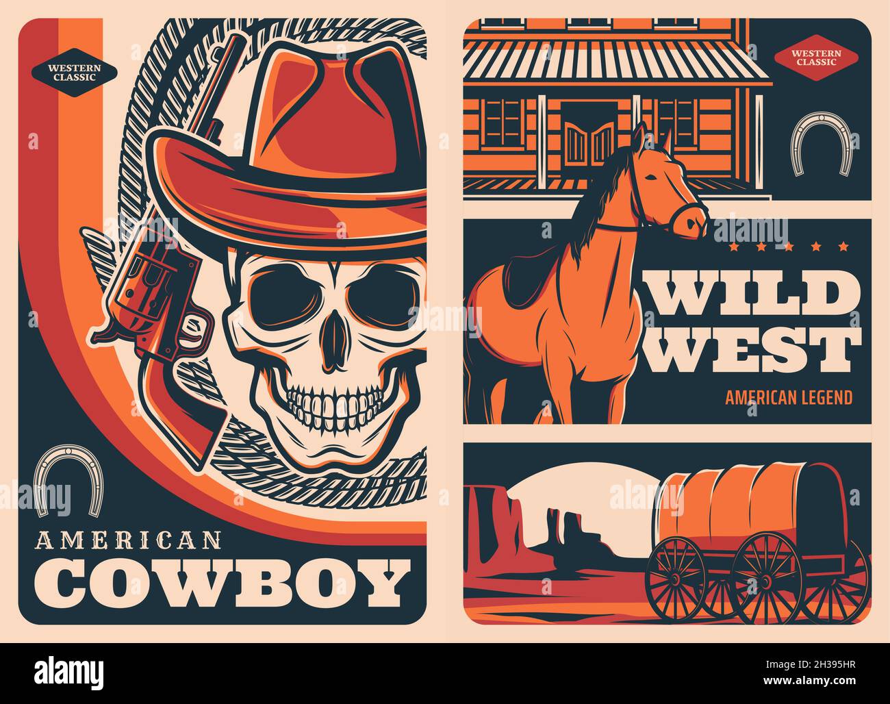 Affiches vintage Wild West.Fusil revolver occidental, crâne en chapeau de cow-boy et cheval mustang, lasso, fer à cheval et bâtiment de salon, train de chariot de colons en c Illustration de Vecteur