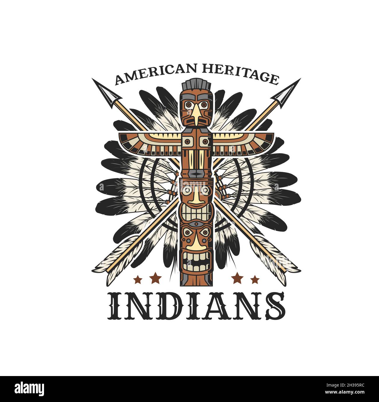 Icône tribale des Indiens d'Amérique avec mât totémique, capot de guerre en plumes et flèches croisées.Amérindiens tribu histoire musée rétro vecteur emblème, icône o Illustration de Vecteur