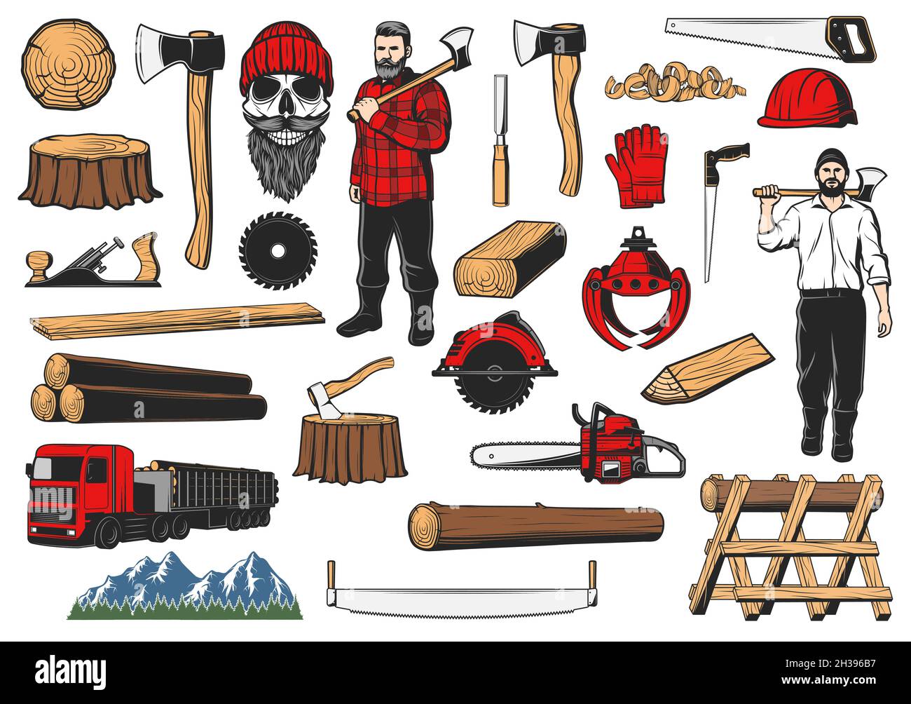 Outils pour le travail du bois, l'exploitation forestière et l'industrie  forestière.Crâne de bûcheron vectoriel, charpentier avec hache, circulaire,  scie à main et à chaîne, camion avec grumes, chun de bois Image Vectorielle