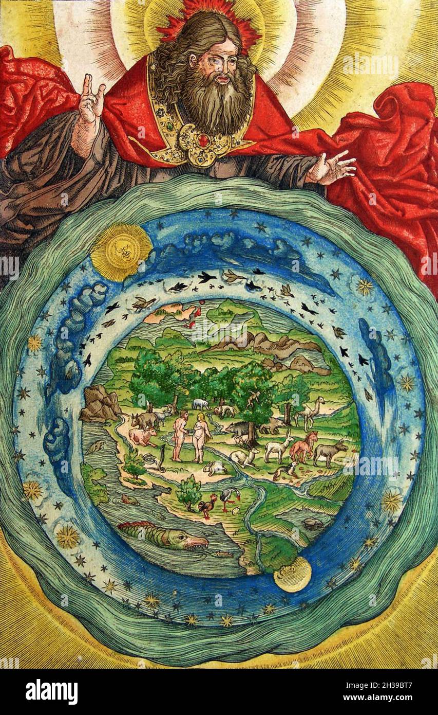 Une illustration de dieu créant la Terre, d'une Bible luthérienne de 1534. Banque D'Images