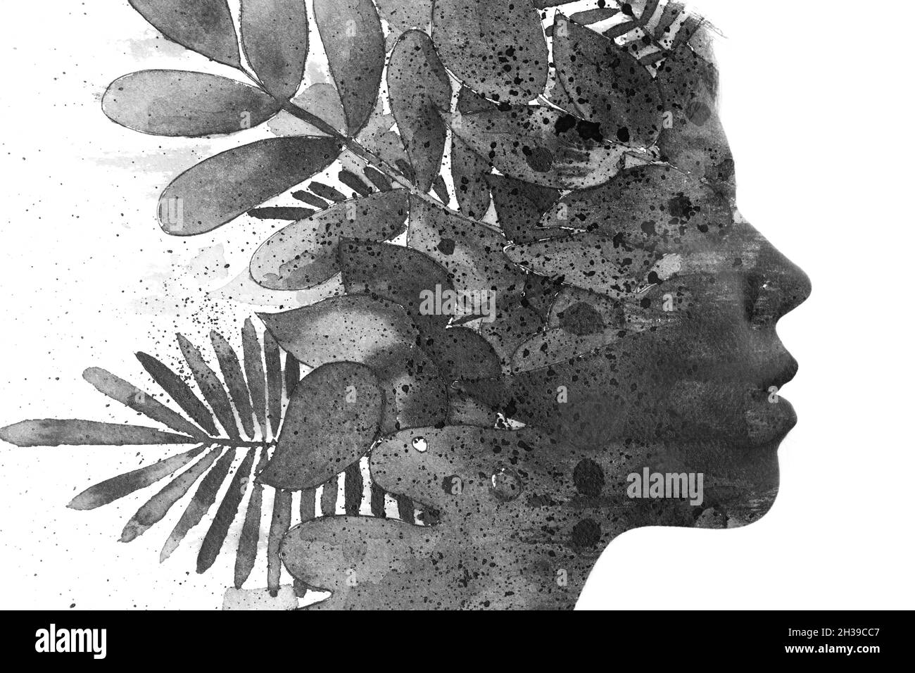 Peinture.Plantes dessinées à la main combinées à un portrait de profil.Touche Bas Banque D'Images