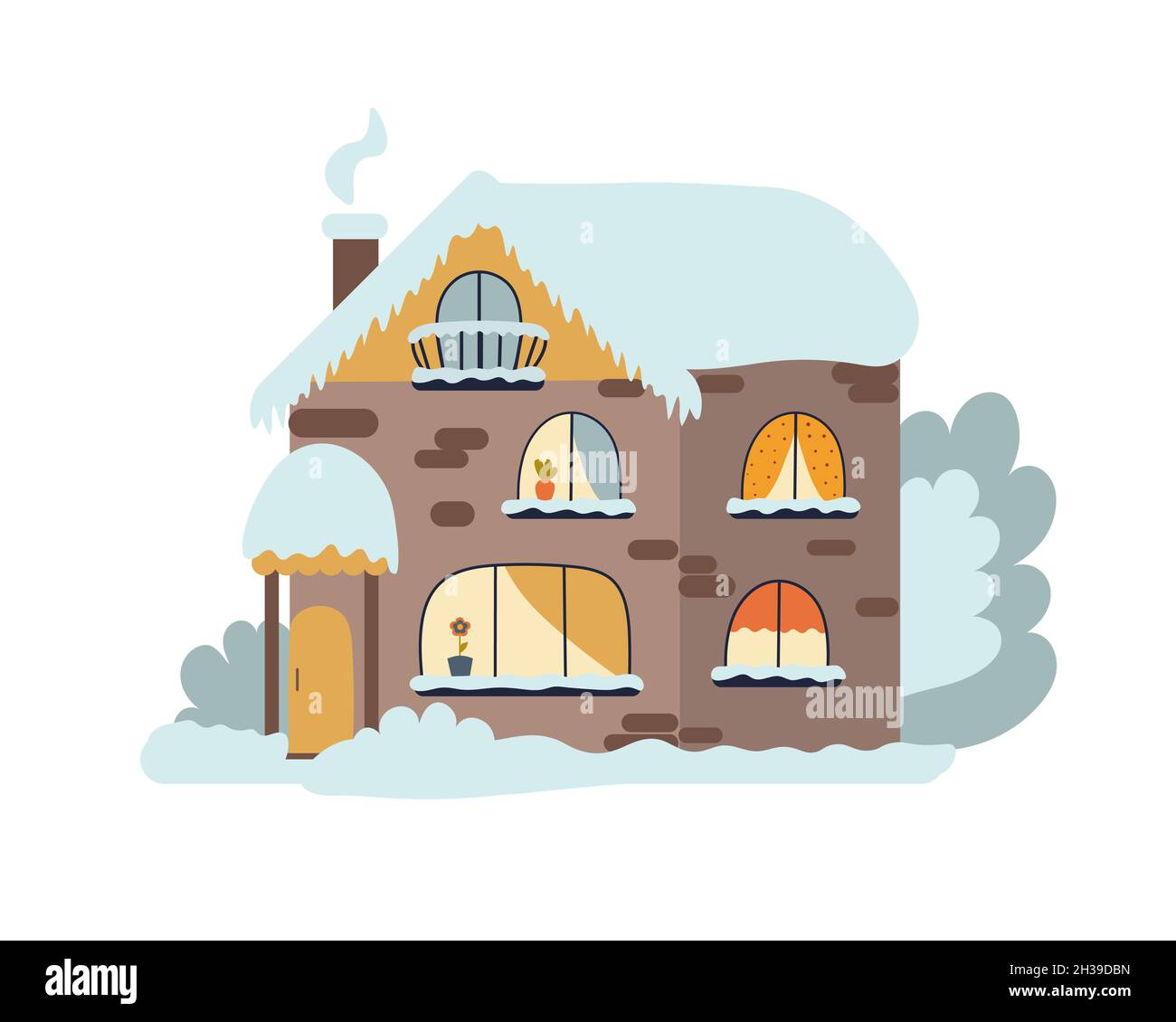 Maison de deux étages de conte de fées dans un paysage d'hiver sur un fond isolé.Fête de la Nativité du Christ.Créez une carte postale ou une bannière.Plat Illustration de Vecteur