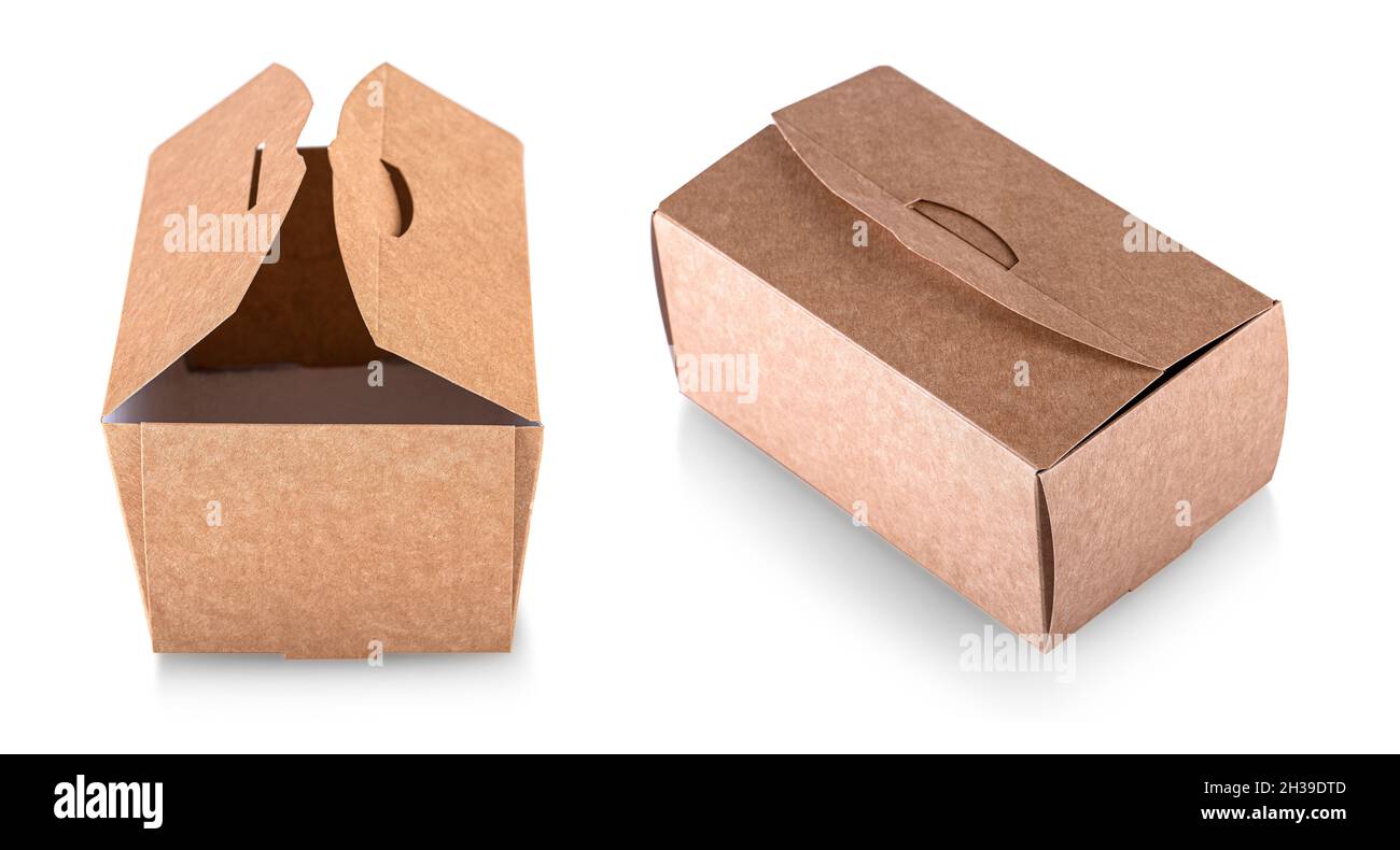 Boîte à nourriture en papier ouverte marron isolée sur fond blanc avec chemin de coupure Banque D'Images Boîte à nourriture en papier ouverte marron isolée sur fond blanc avec chemin de coupure Banque D'Images