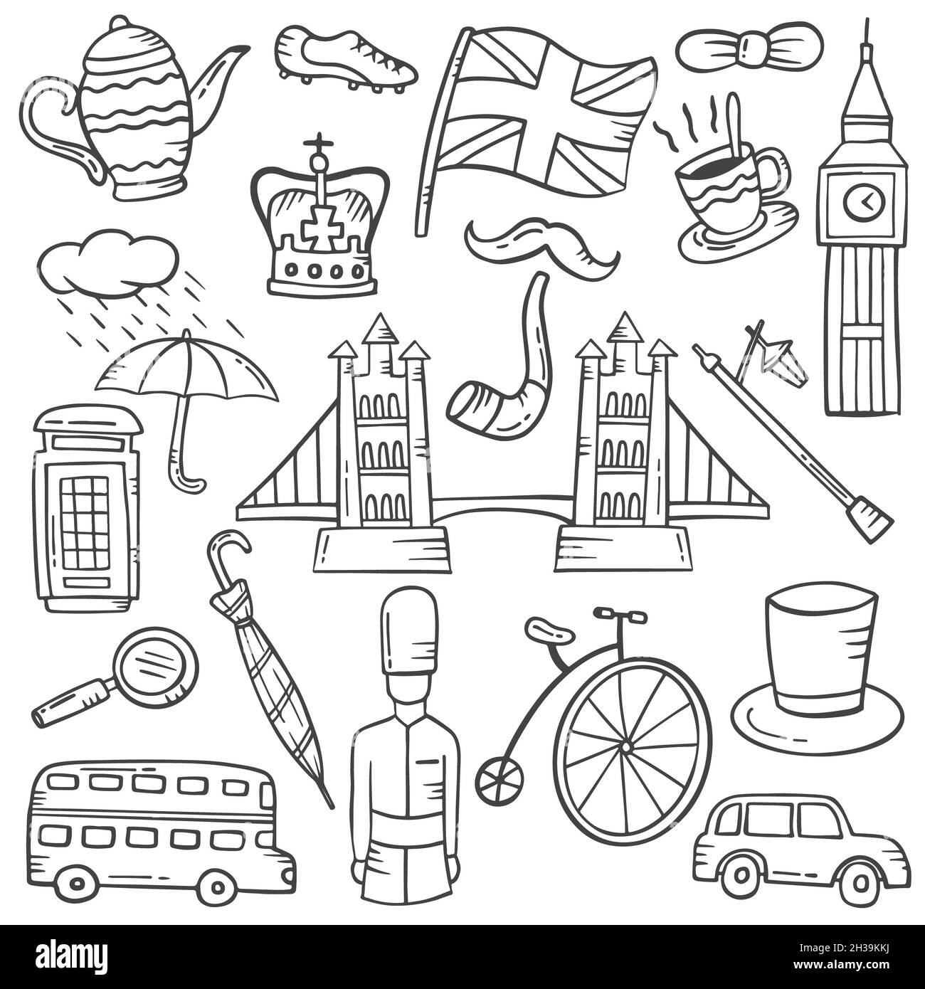collection angleterre concept doodle ensemble dessiné à la main avec dessin vectoriel de style noir et blanc Banque D'Images