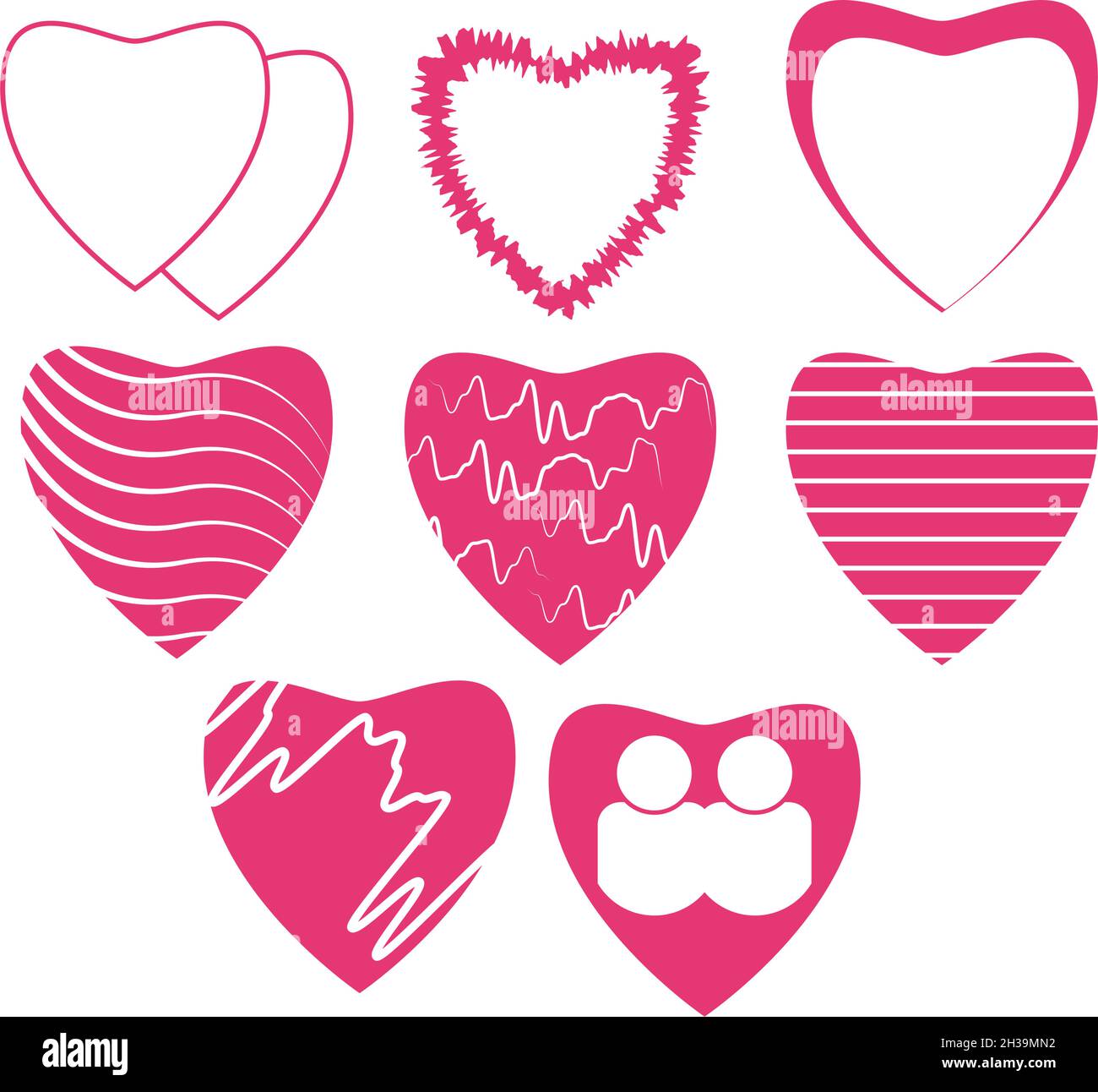 Ensemble d'icônes en forme de coeur, avec différents styles, idéal pour les matériaux de conception, les cartes de vœux, les cadeaux Illustration de Vecteur