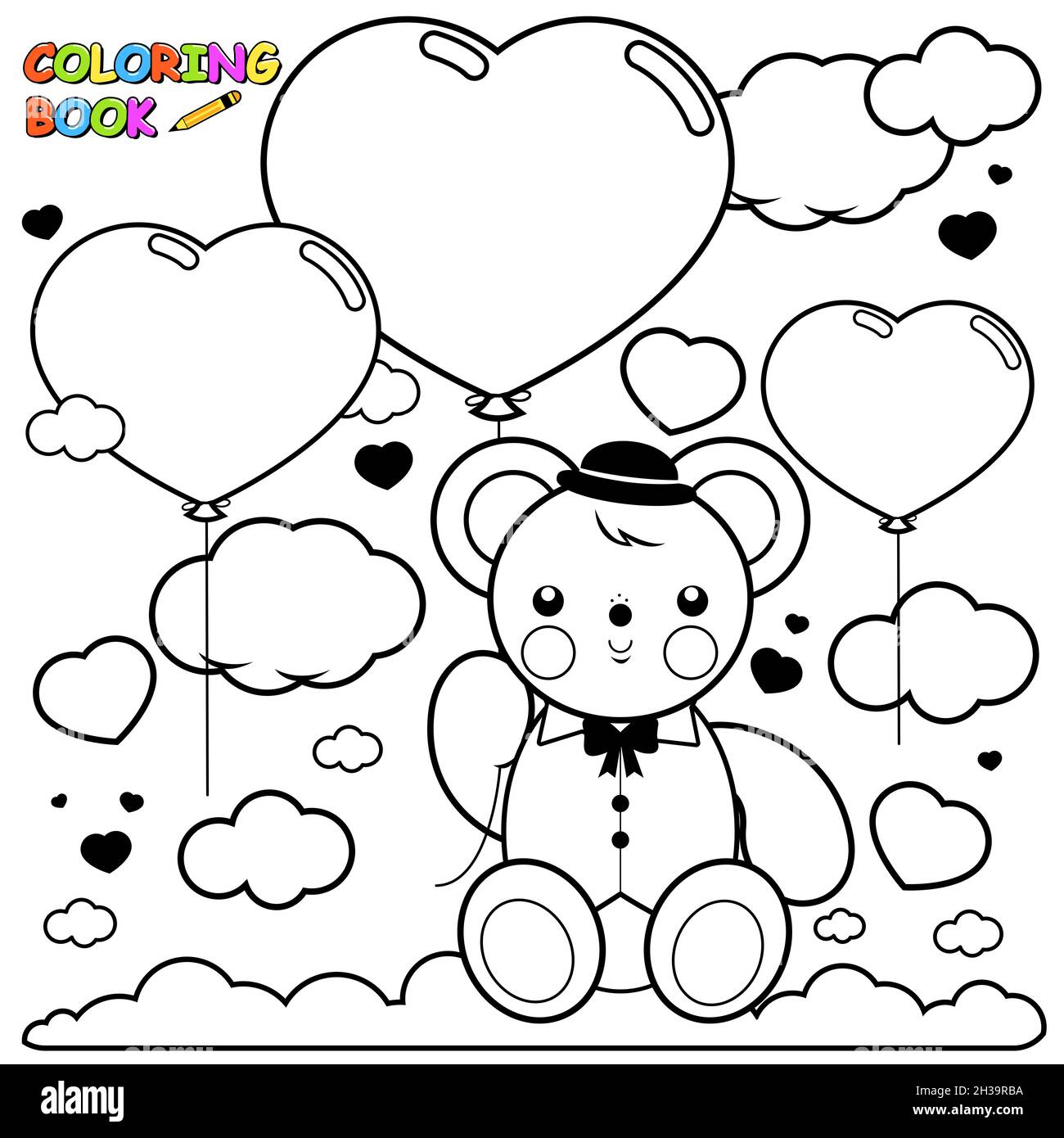 Mignon bébé garçon ours en peluche volant dans le ciel tenant un ballon en forme de coeur. Ours en peluche et ballons. Fête de douche de bébé. Coloriage noir et blanc. Banque D'Images
