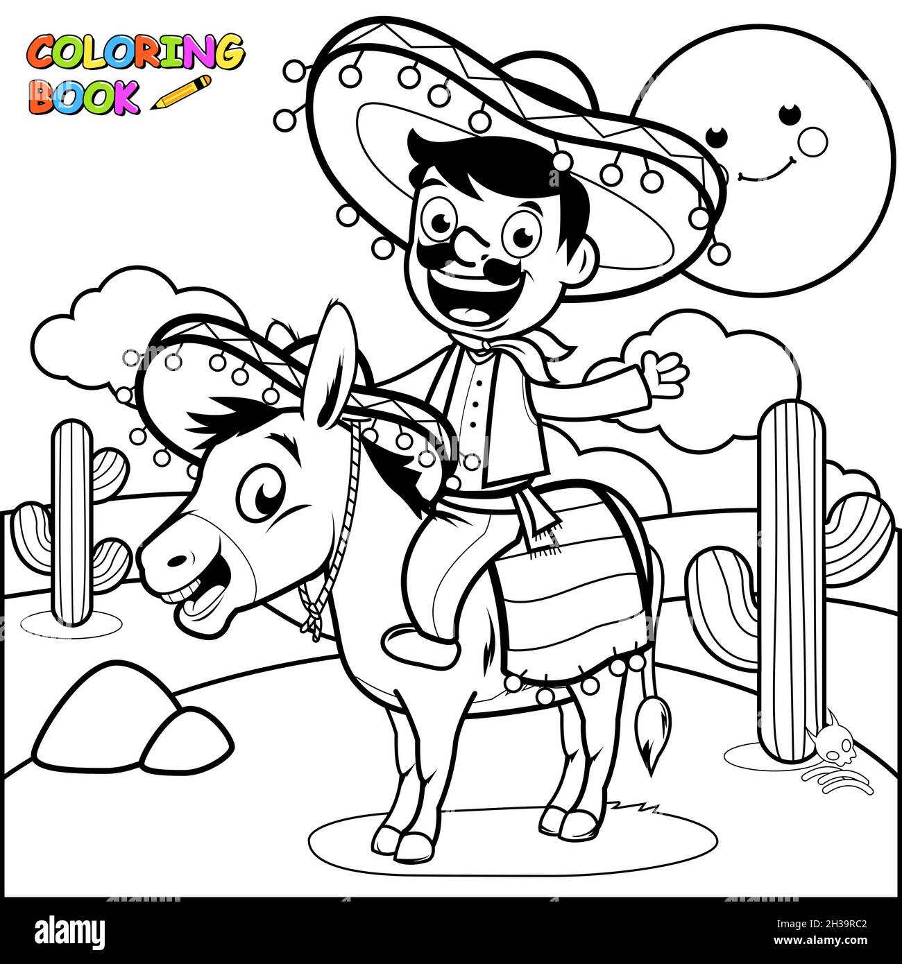 Homme mexicain de dessin animé avec un chapeau sombrero et costume traditionnel chevauchant un âne dans le désert du Mexique au coucher du soleil. Coloriage noir et blanc. Banque D'Images