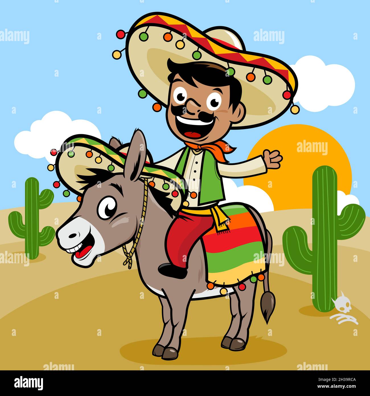 Homme de dessin animé mexicain dans un costume traditionnel et sombrero à cheval sur un âne dans le désert. Banque D'Images