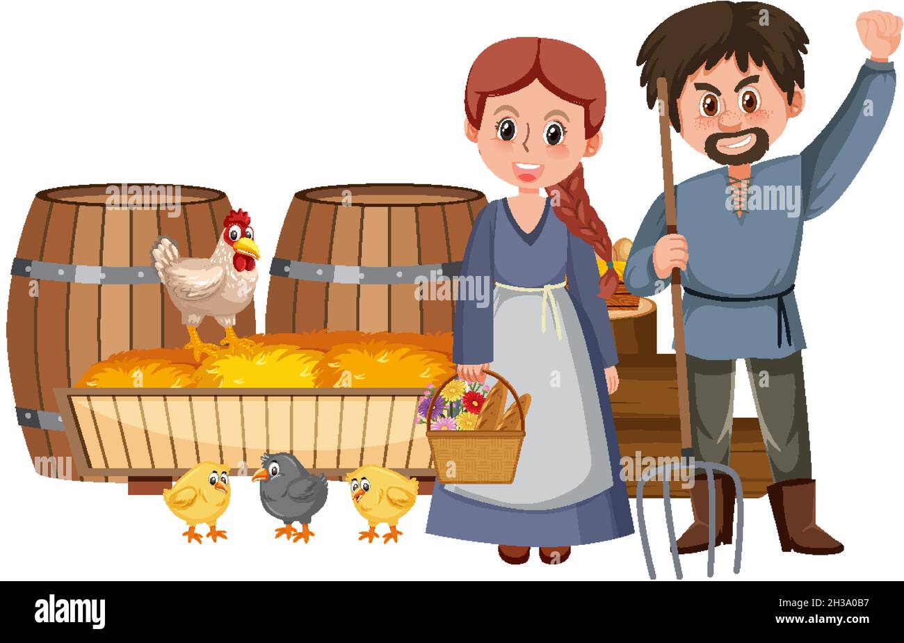 Couple de paysans médiévaux avec illustration d'objets de ferme Illustration de Vecteur