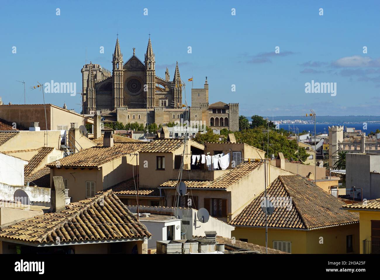 Paysage urbain de Palma de Majorque avec la cathédrale de Palma au-dessus des toits Banque D'Images