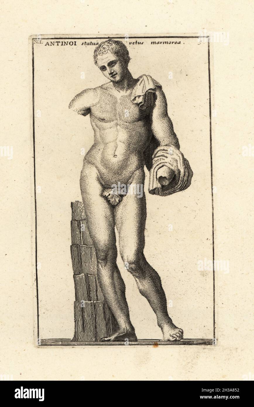 Statue d'Antinous, jeune grec, favori de l'empereur Hadrien.Antinoi statua vetus marmorea.Gravure de coperplate par Giovanni Battista Cannetti à partir de coperplates des plus belles statues anciennes de Rome, Calcografia di piu belle statue antiche a Roma, gravée par Cannetti all'Arco della Ciambella, publié par Gaetano Quojani, Rome, 1779. Banque D'Images