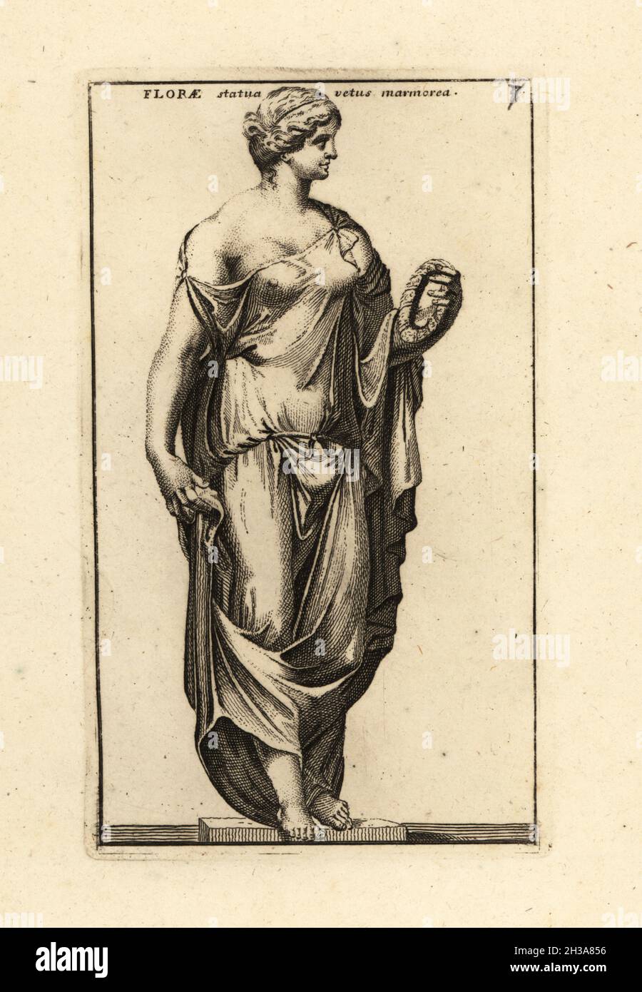 Statue en marbre de Flora avec guirlande, Déesse romaine des fleurs et de la saison du printemps, jardin du Luxembourg, Paris.Florae statua vetus marmorea.Gravure de coperplate par Giovanni Battista Cannetti à partir de coperplates des plus belles statues anciennes de Rome, Calcografia di piu belle statue antiche a Roma, gravée par Cannetti all'Arco della Ciambella, publié par Gaetano Quojani, Rome, 1779. Banque D'Images