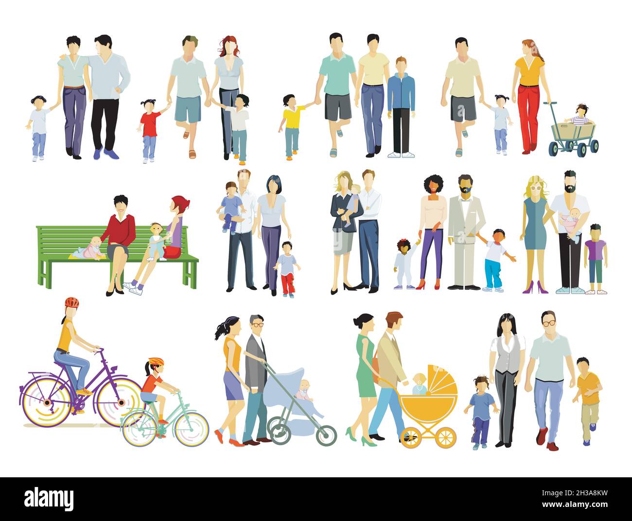 différents parents avec des bébés et des enfants, familles groupes isolés sur blanc Illustration de Vecteur