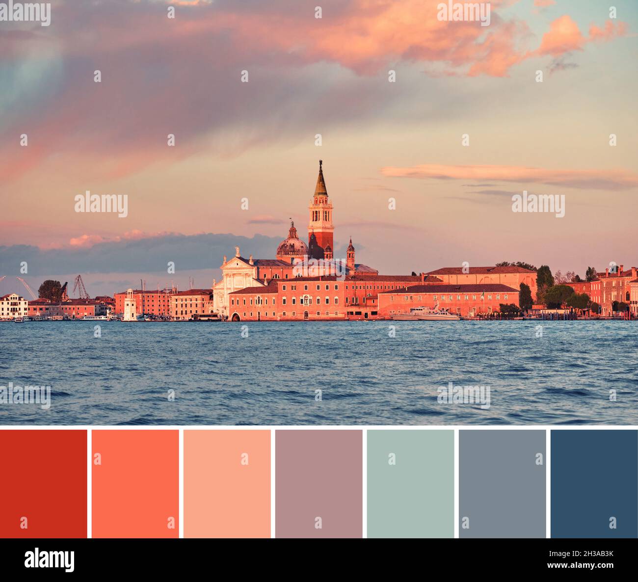 Palette de couleurs assorties de l'image de coucher de soleil de l'église de San Giorgio Maggiore sur l'île de San Giorgio à Venise, Italie. Banque D'Images