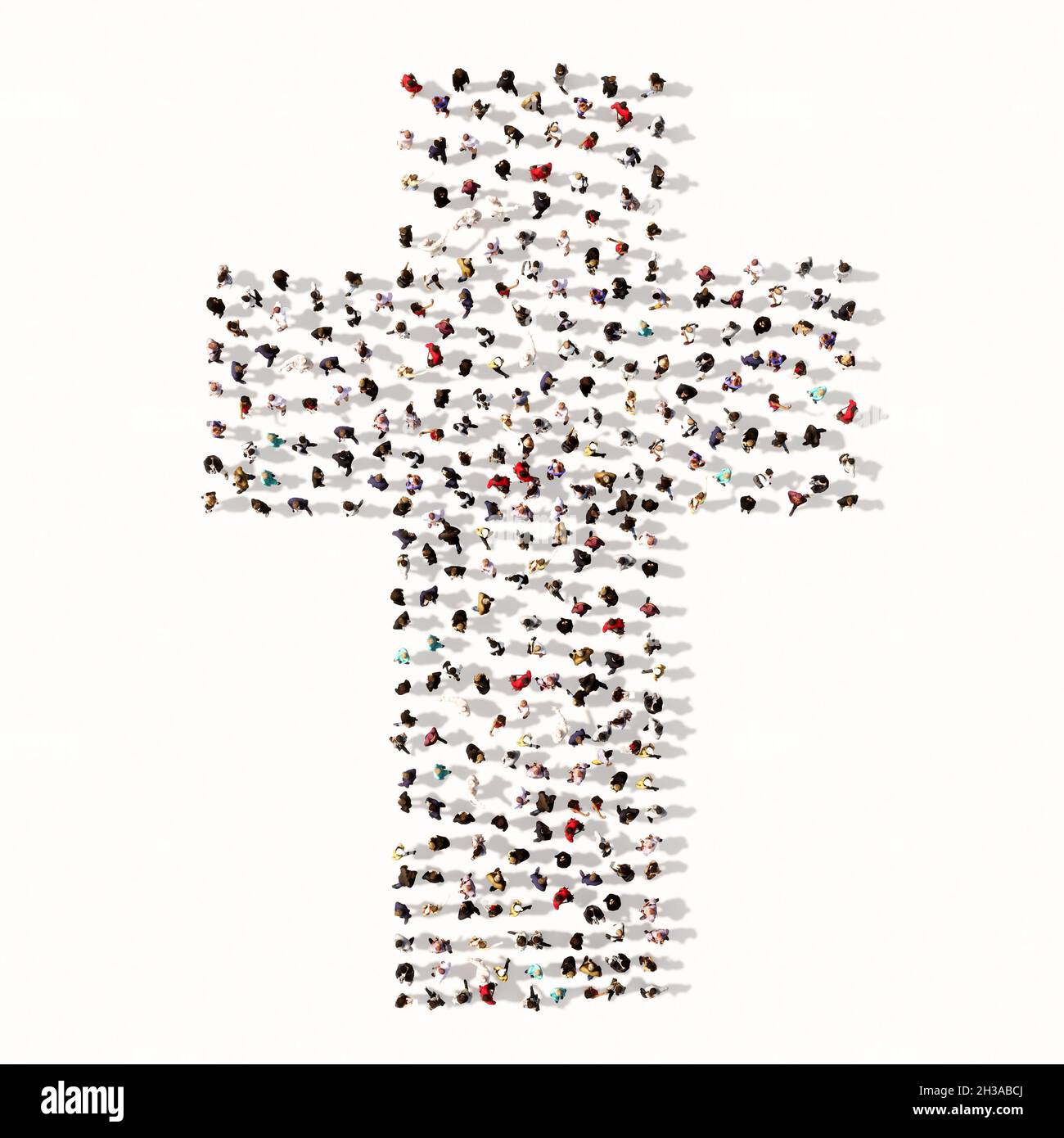 Concept ou conceptuel grande communauté de personnes formant l'image d'une croix chrétienne religieuse. Une métaphore d'illustration 3d pour Dieu, Christ Banque D'Images