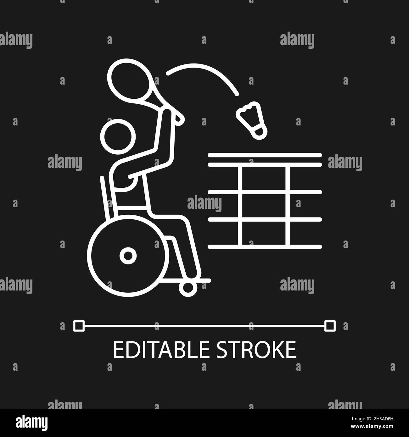 Icône linéaire blanche de badminton en fauteuil roulant pour thème sombre Illustration de Vecteur