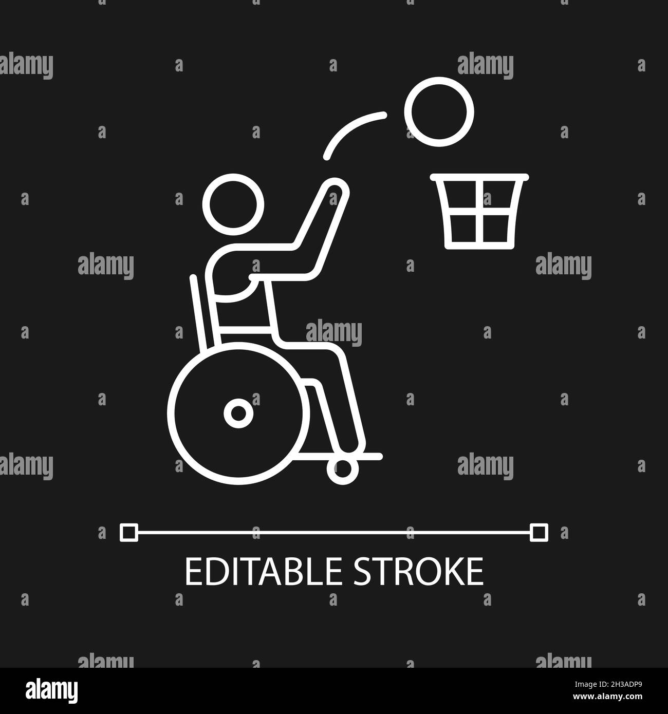 Icône linéaire blanche de basket-ball en fauteuil roulant pour thème sombre Illustration de Vecteur
