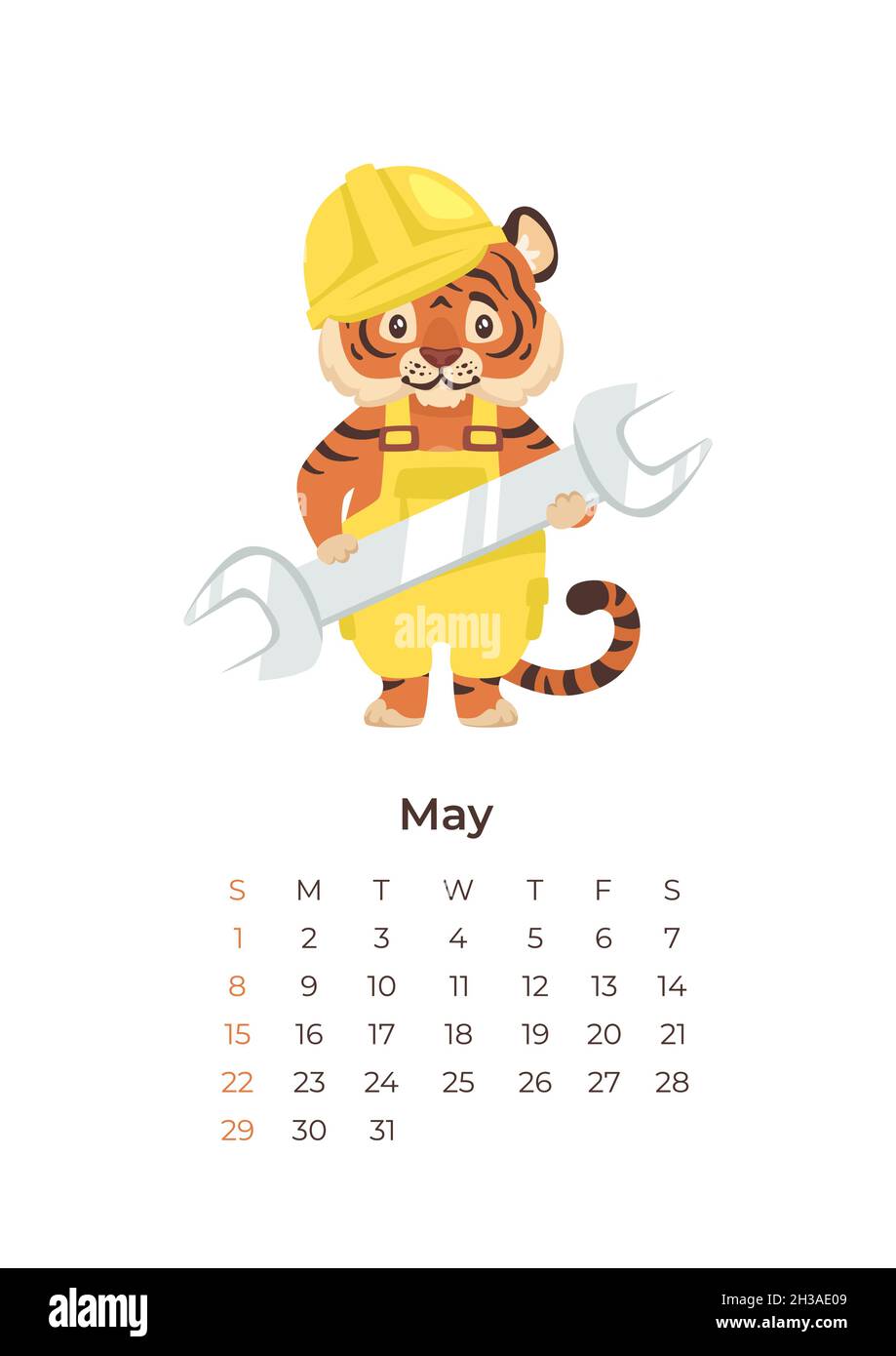 Dessin animé tigre Mai 2022 calendrier format A4 modèle. Illustration de Vecteur