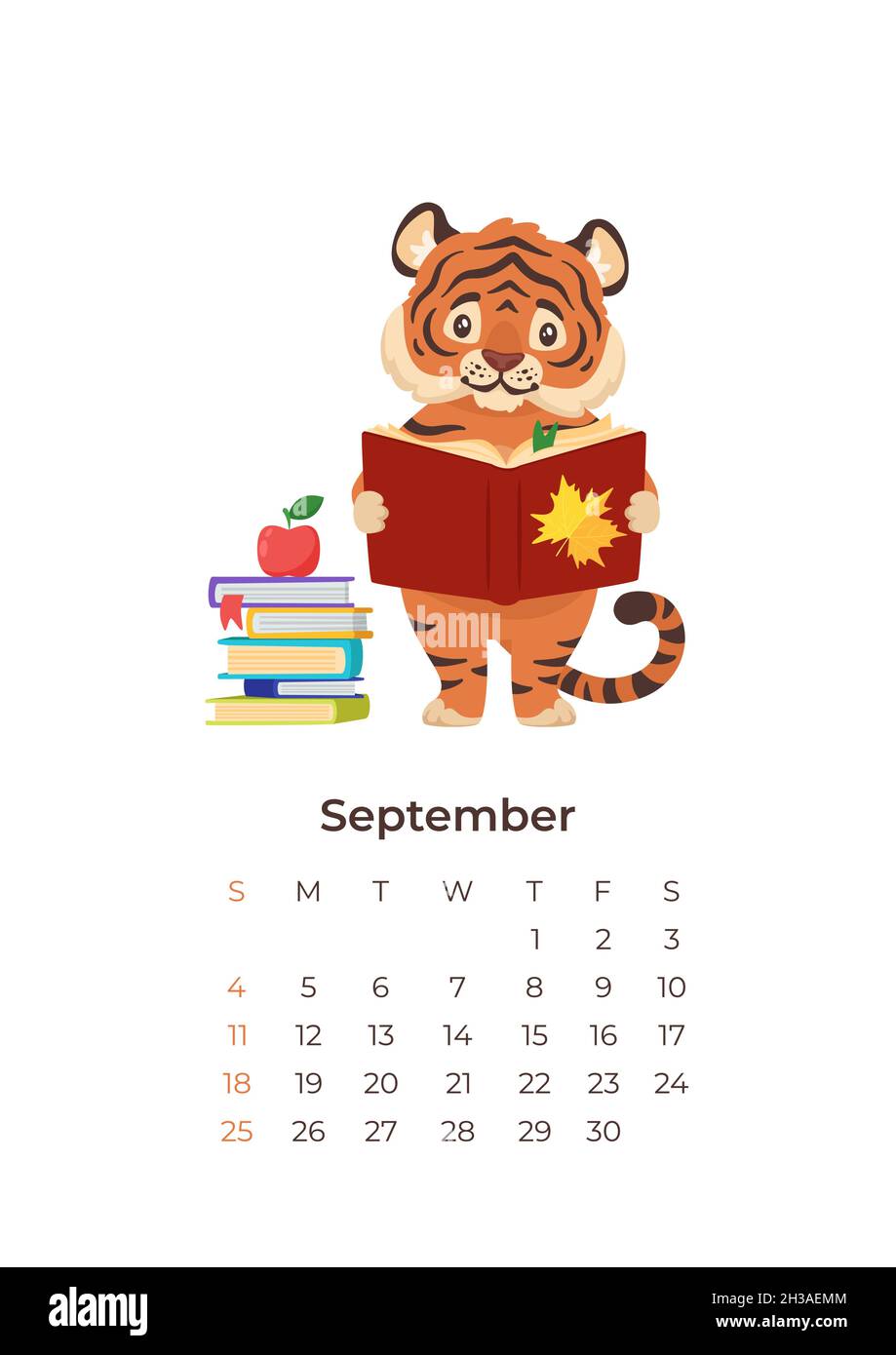 Dessin animé tigre septembre 2022 calendrier A4 modèle vertical. Illustration de Vecteur
