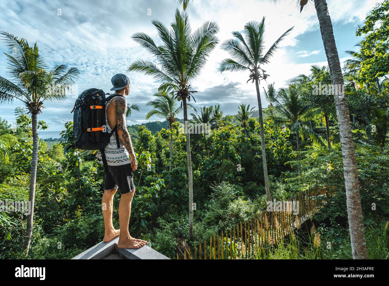 Homme avec un sac à dos regardant la jungle à Lombok, Indonésie Photo Stock  - Alamy