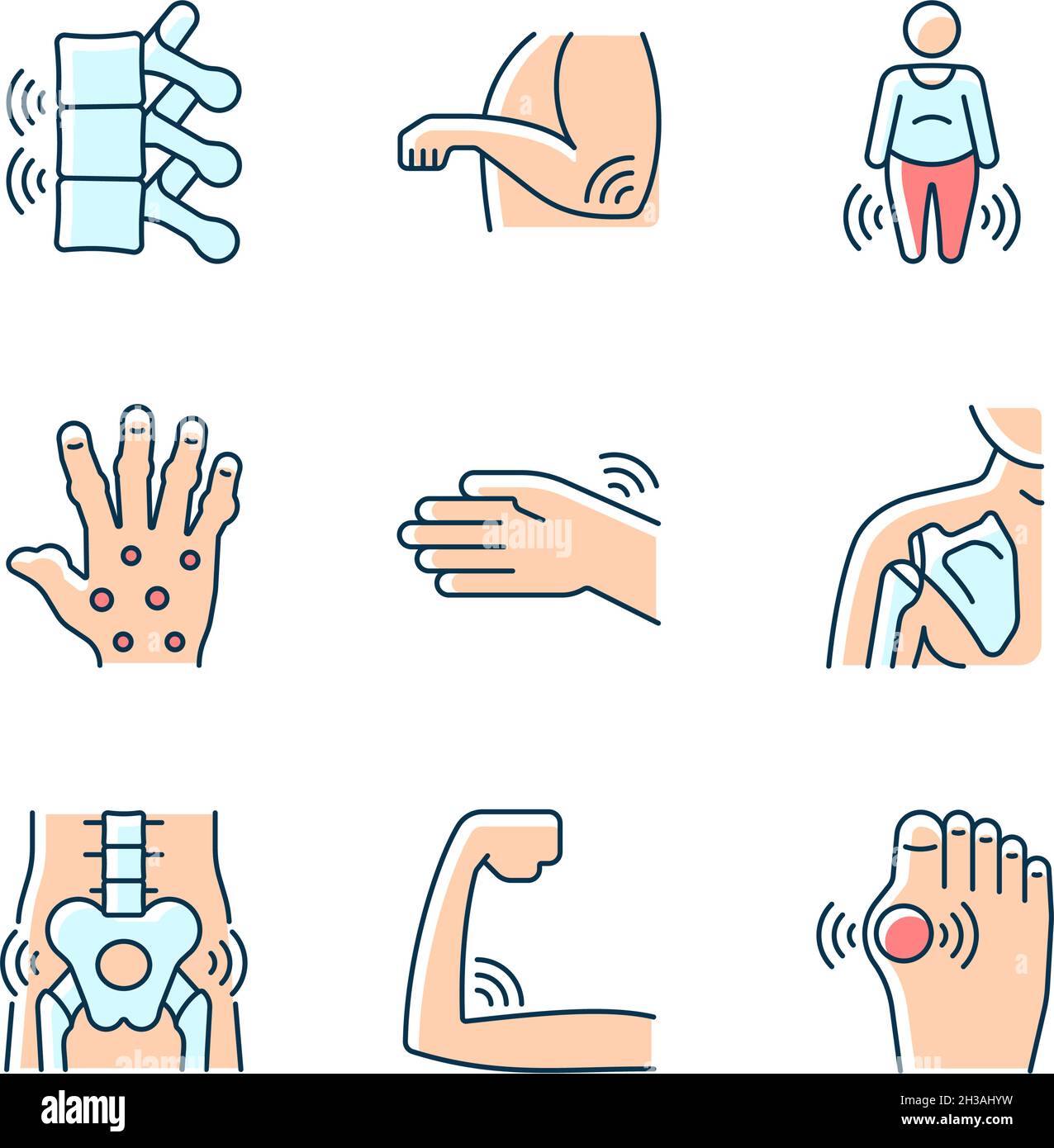 Jeu d'icônes de couleur RVB inflammation articulaire Illustration de Vecteur