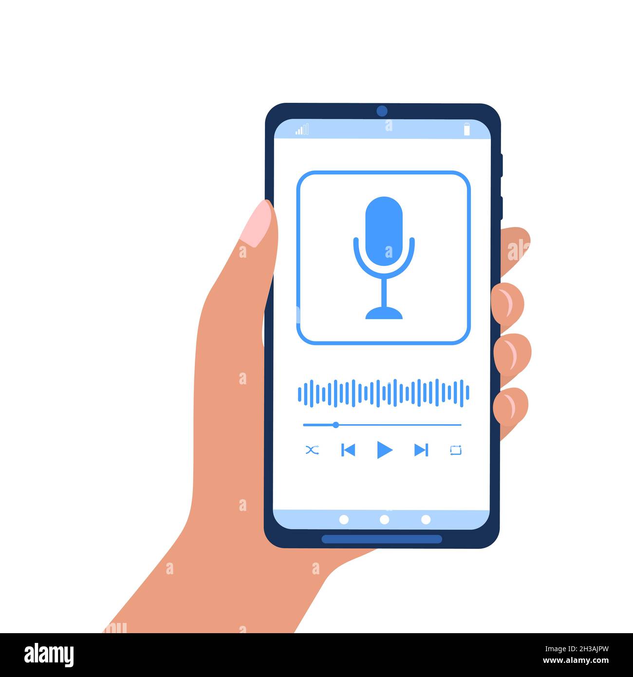 Main tenant le smartphone avec l'interface du lecteur de podcast à l'écran. Ecouter de la musique, la radio en ligne ou le streaming en direct sur le  concept d'application mobile.Illustration vectorielle plate Image