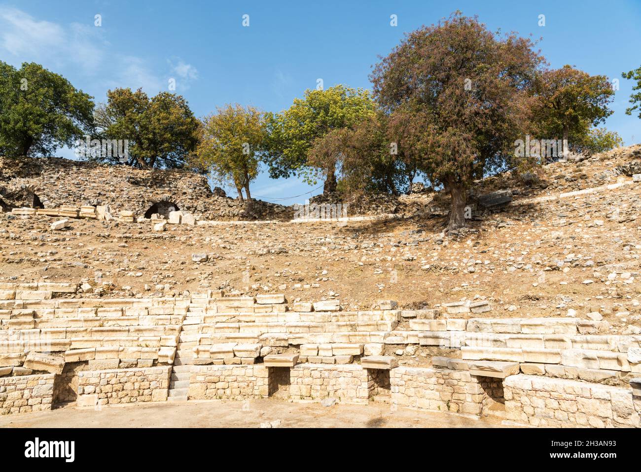 Ruines de l'amphithéâtre de l'ancienne ville grecque Teos dans la province d'Izmir en Turquie.Teos était une ancienne ville grecque sur la côte d'Ionia.Teos était un flo Banque D'Images