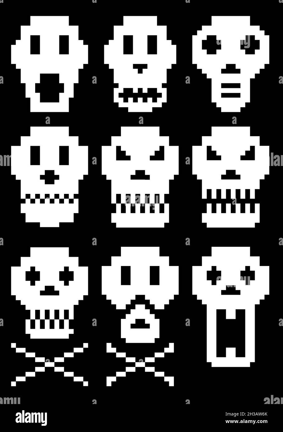 Icônes de crâne de pixels blancs, ensemble d'éléments de conception vectoriels Illustration de Vecteur