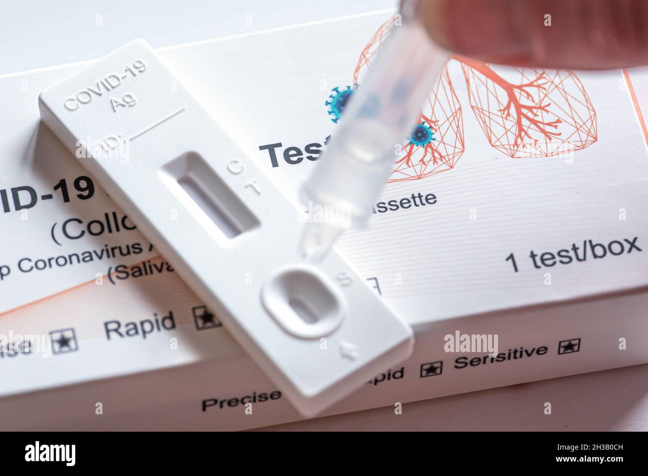 Kit de test d'antigène Covid-19, test rapide d'antigène du coronavirus en une étape, écouvillon de salive, 1 boîte de test avec imagine of poumons et avec les doigts d'une fille Banque D'Images