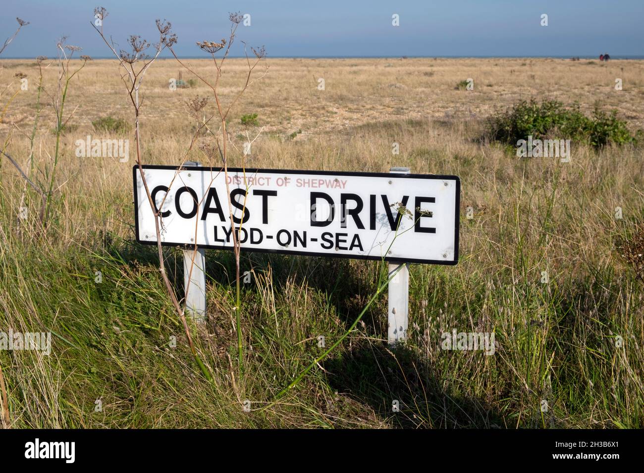 Coast Drive Lydd sur Sea District of Shepway Road panneau dans le paysage à Dungeness Kent Angleterre Grande-Bretagne KATHY DEWITT Banque D'Images