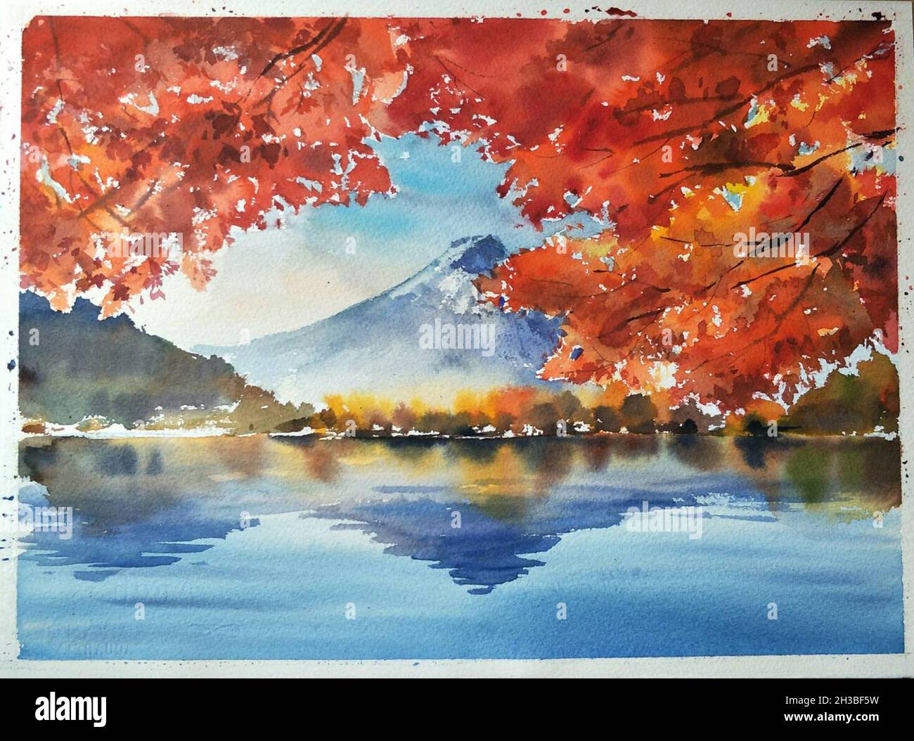 Fuji san peinture aquarelle de montagne Banque D'Images