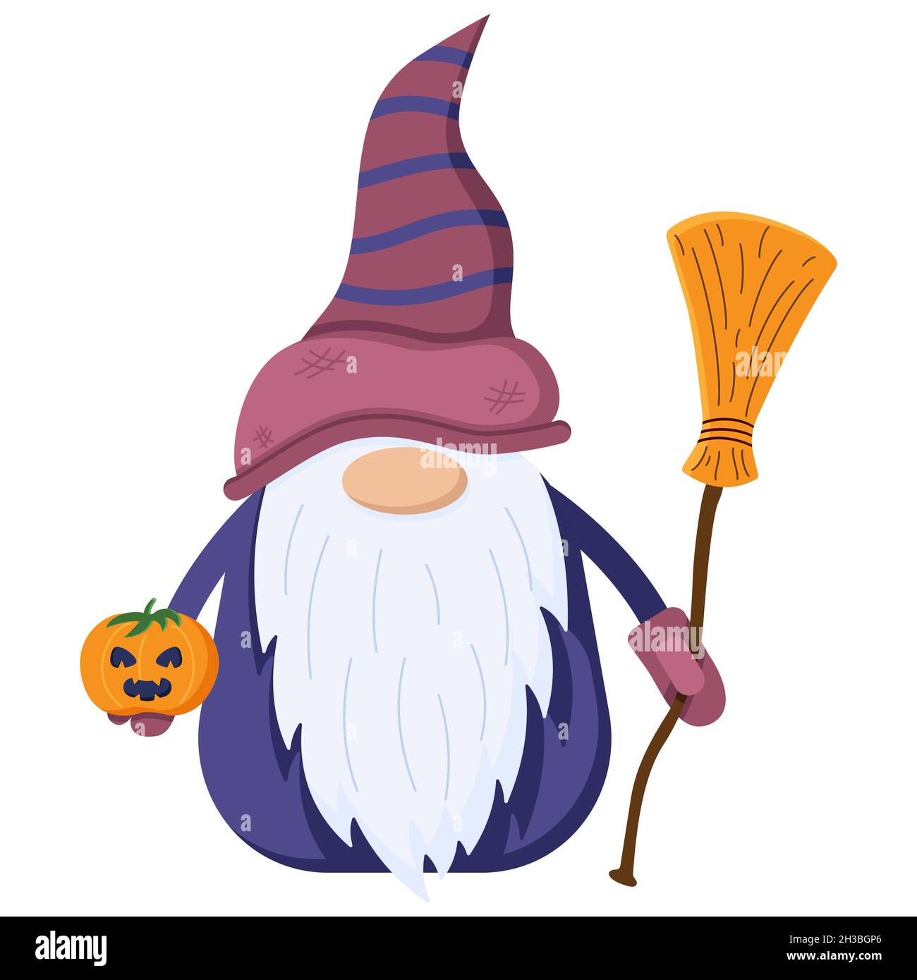 Petit gnome pour halloween dans un style plat, le personnage nain whit balai et potiron dans les mains, isolé sur un fond blanc. Illustration de Vecteur