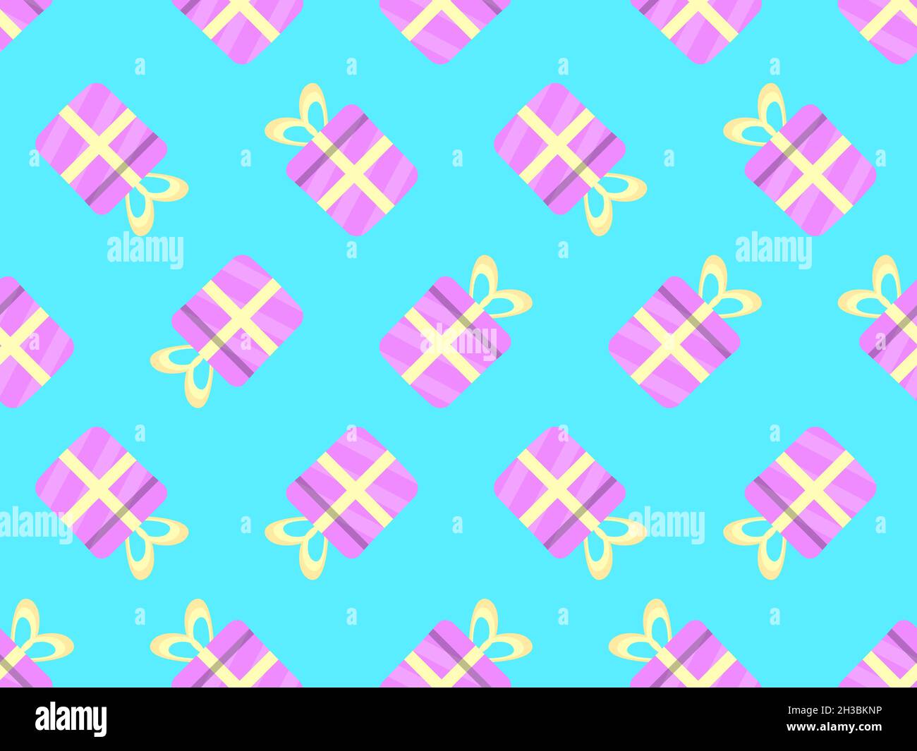 Motif sans couture avec boîtes-cadeaux roses et ruban jaune sur fond bleu.Design festif pour carte de vœux, papier d'emballage, bannières et promotion Illustration de Vecteur