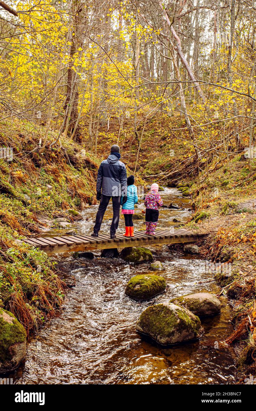 Père randonnée avec deux filles dans une belle nature en automne froid, debout sur un simple pont en bois.Lit de rivière rugueux avec des collines en arrière-plan. Banque D'Images