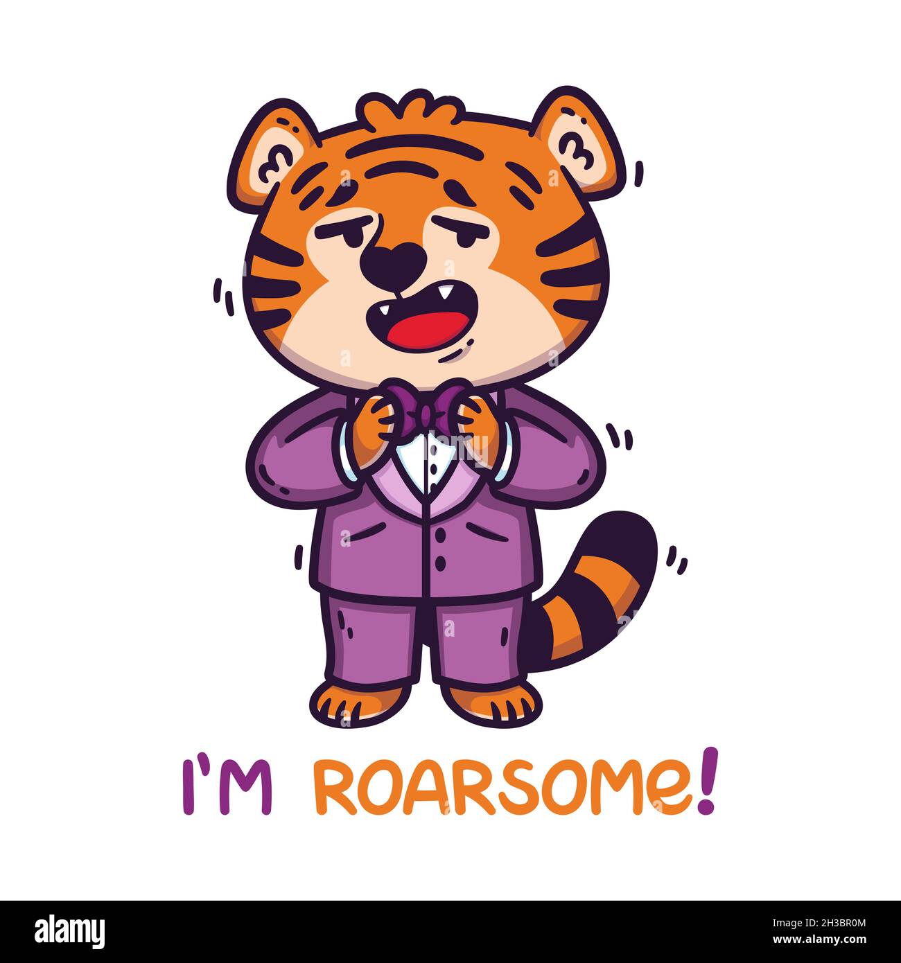 Tigre en smoking avec noeud papillon.Lettrage manuscrit je suis roarsome.Animal de zodiaque chinois.Symbole de la nouvelle année 2022, 2034.Illustration vectorielle isola Illustration de Vecteur