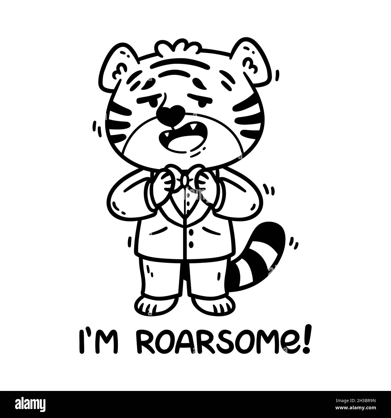 Tigre en smoking avec noeud papillon.Lettrage manuscrit je suis roarsome.Animal de zodiaque chinois.Symbole de la nouvelle année 2022, 2034.Illustration vectorielle isola Illustration de Vecteur
